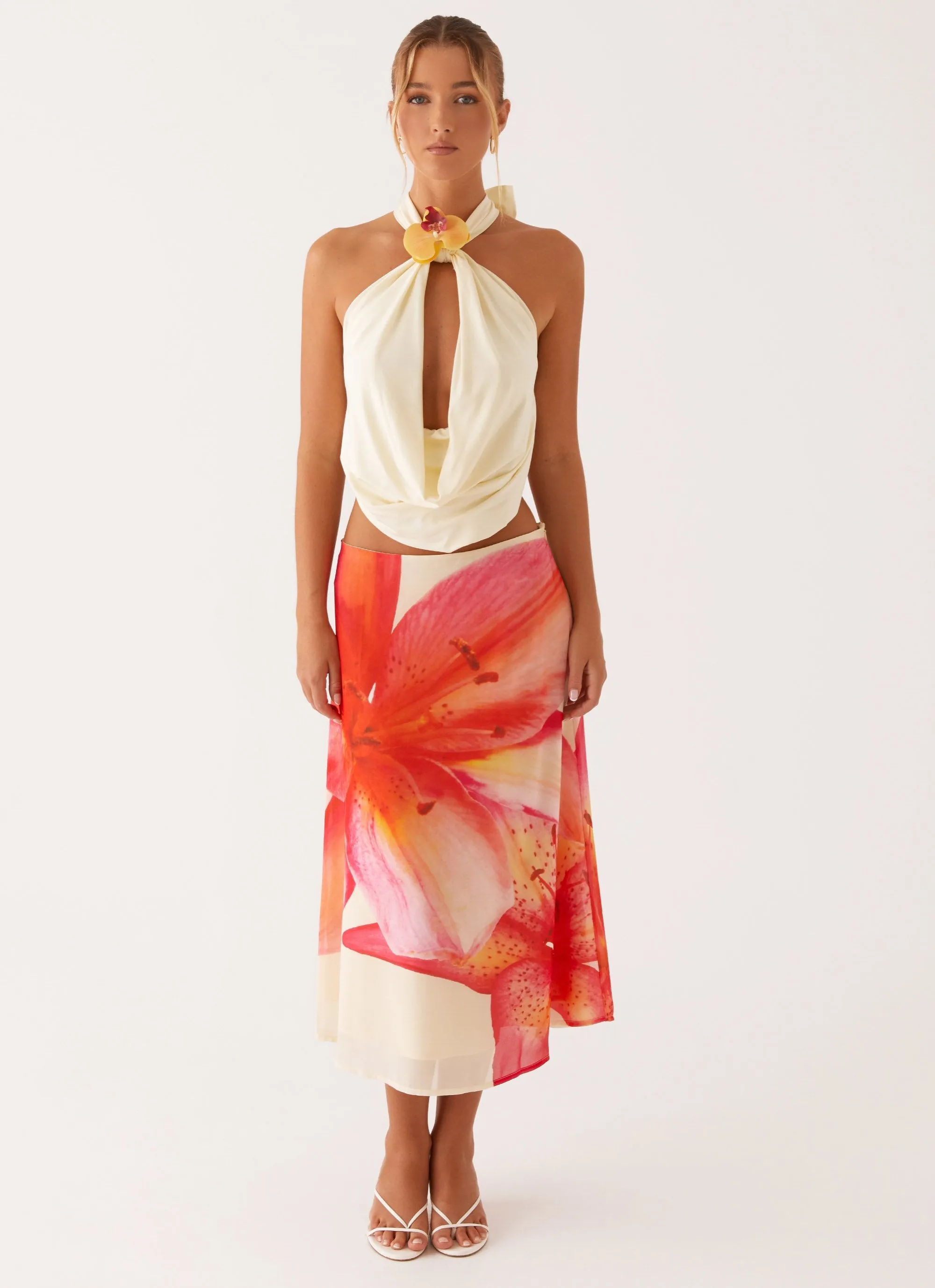 Summertime Midi Skirt - Yellow Floral Textured Surface