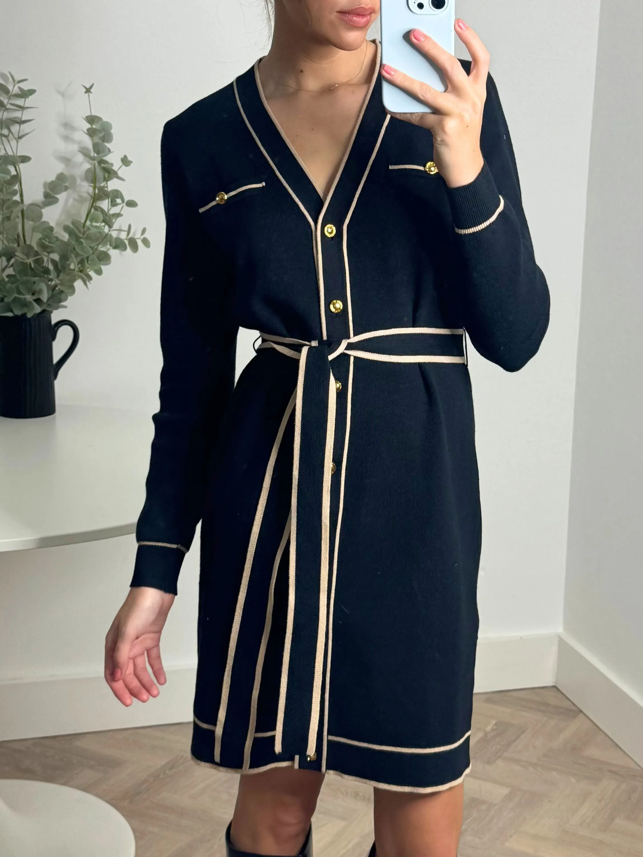 Happy Fit Calla Contrast Detail Knit Mini Dress in Black & Nude