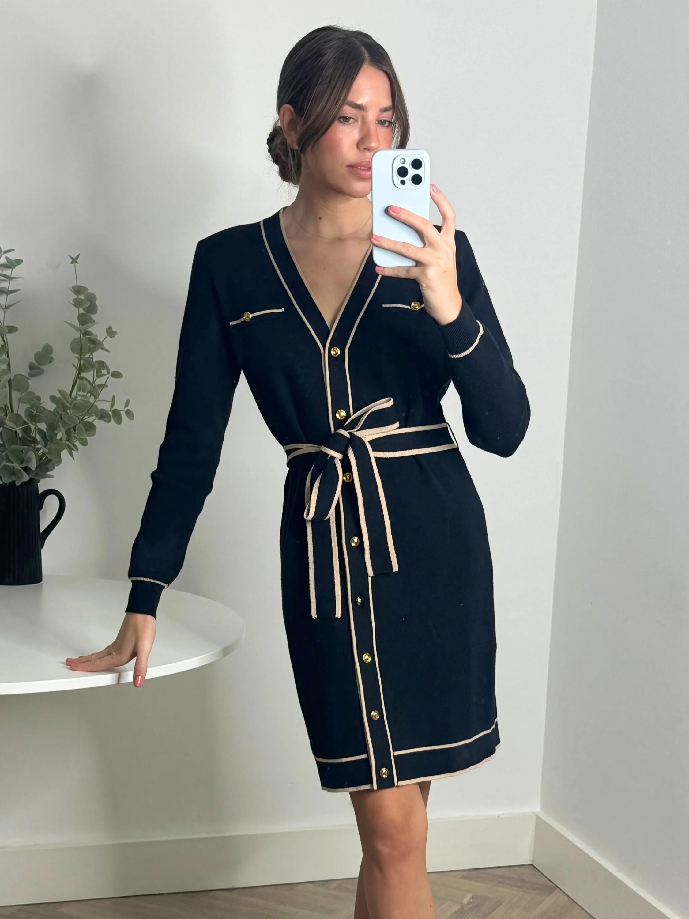 Calla Contrast Detail Knit Mini Dress in Black & Nude Quilted-Texture Relax Flex