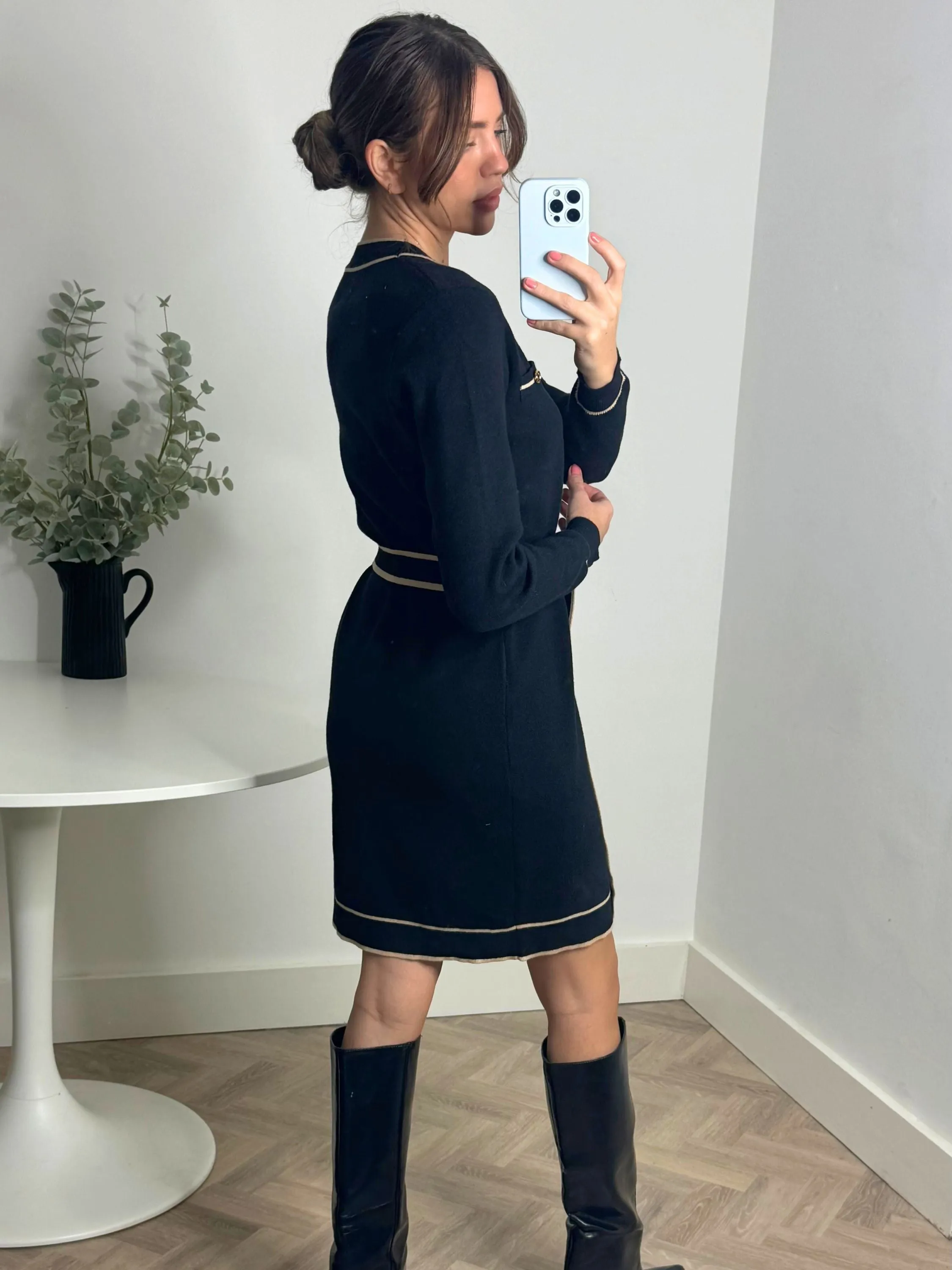 Cool Season Calla Contrast Detail Knit Mini Dress in Black & Nude