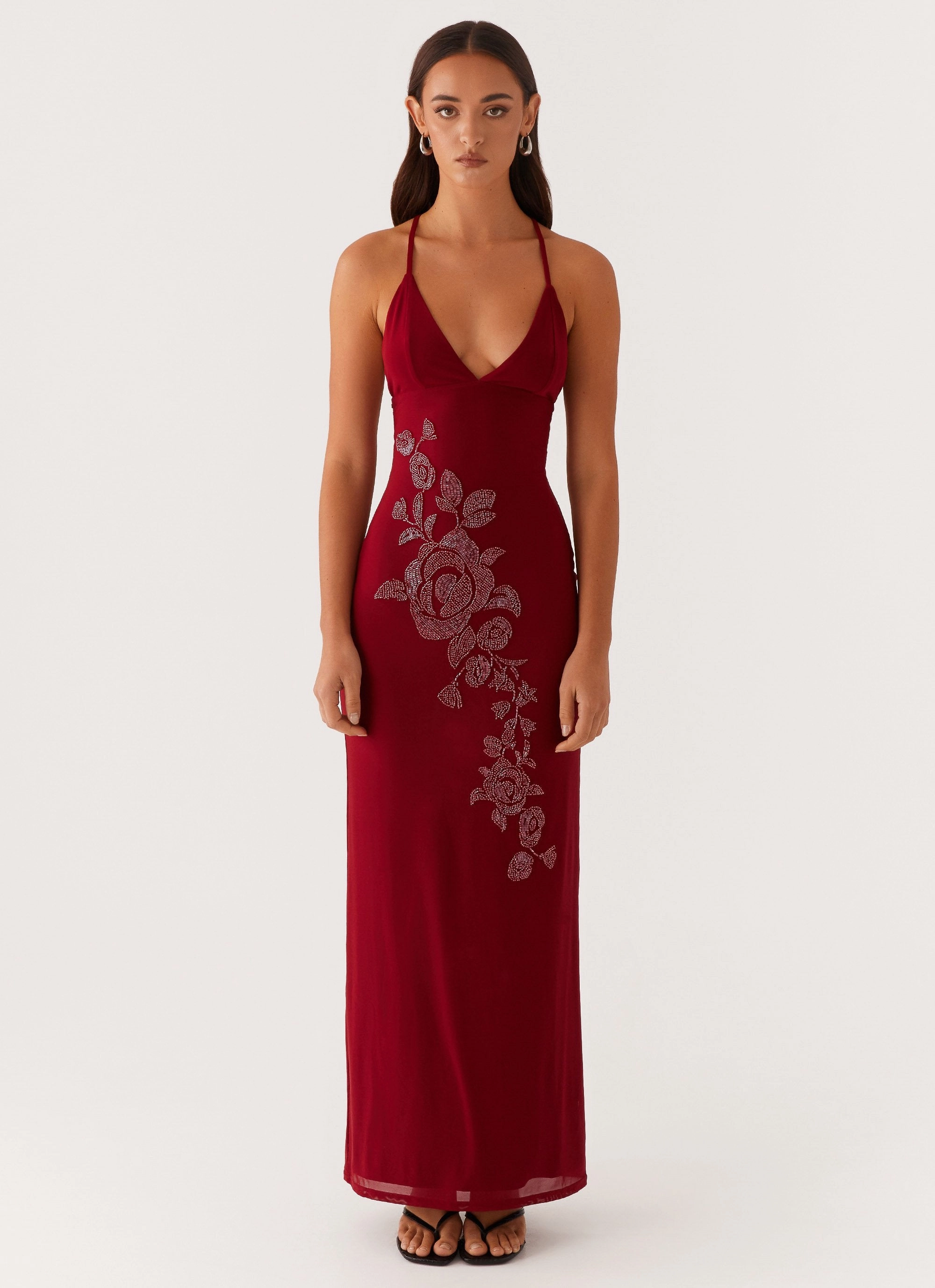 Minimalist-Style Feminine Layers Beki Beaded Mesh Maxi Dress - Deep Red