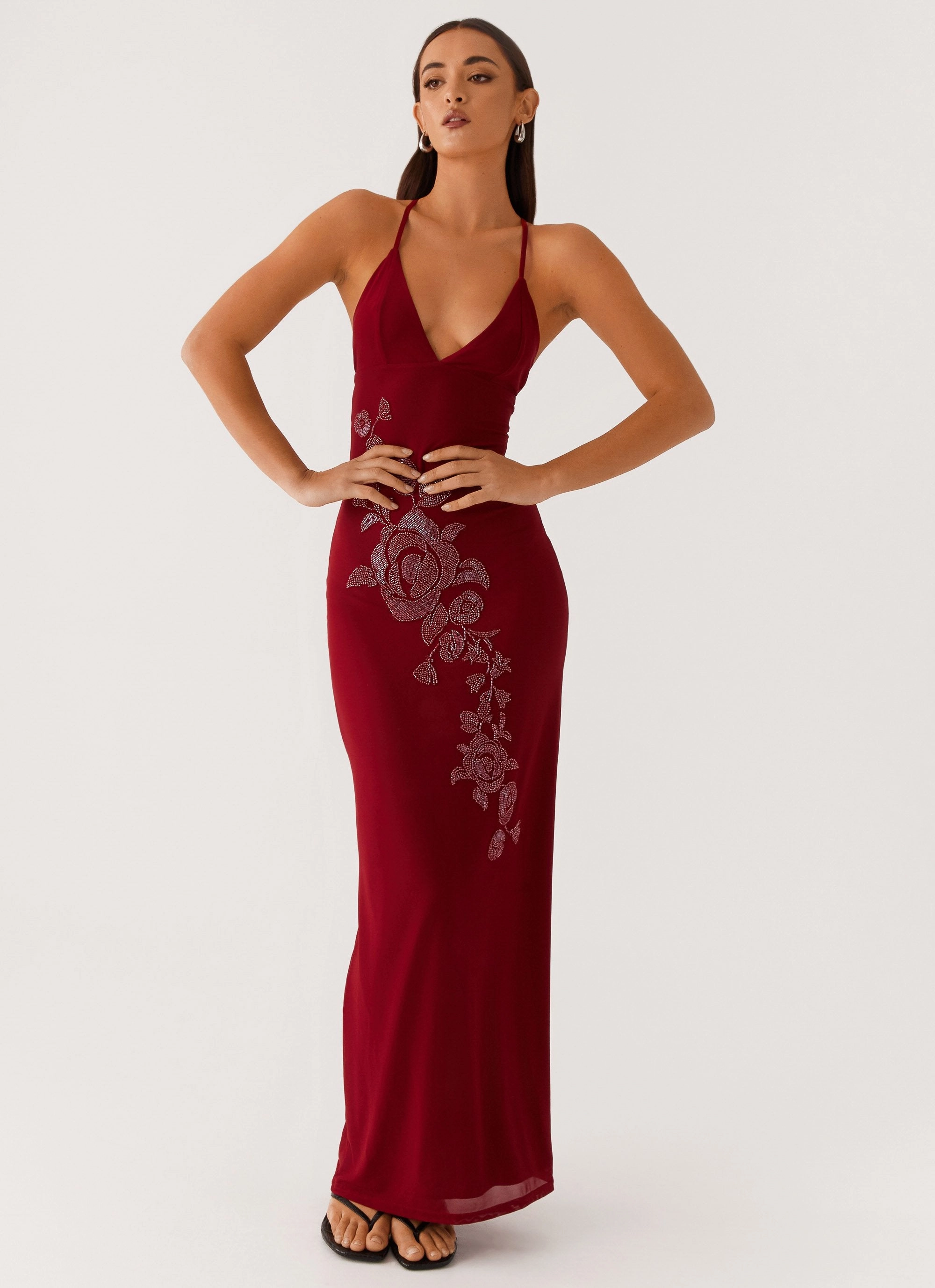 Beki Beaded Mesh Maxi Dress - Deep Red Silky Shine