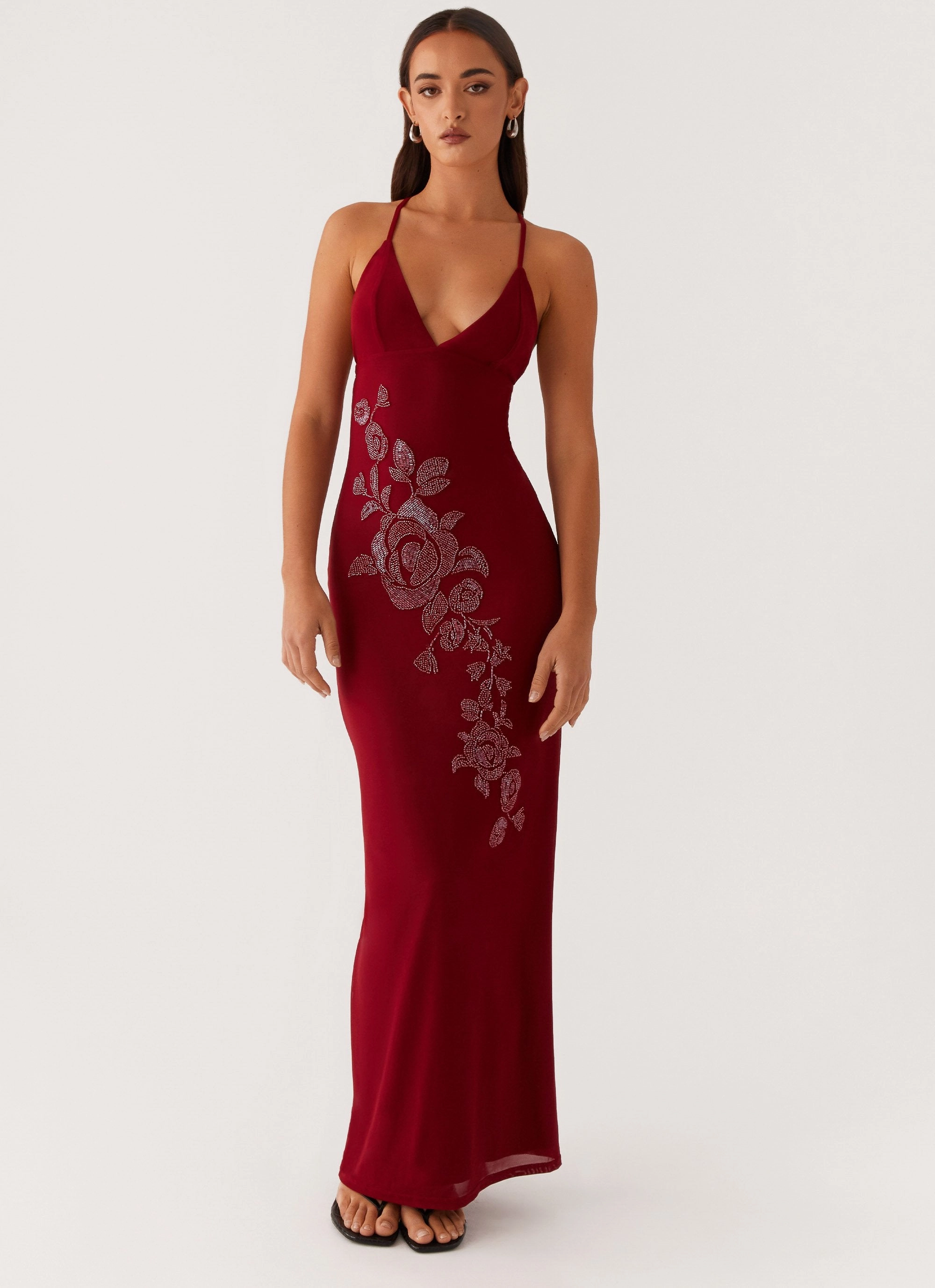 Effortless Mood Quick-Dry Beki Beaded Mesh Maxi Dress - Deep Red