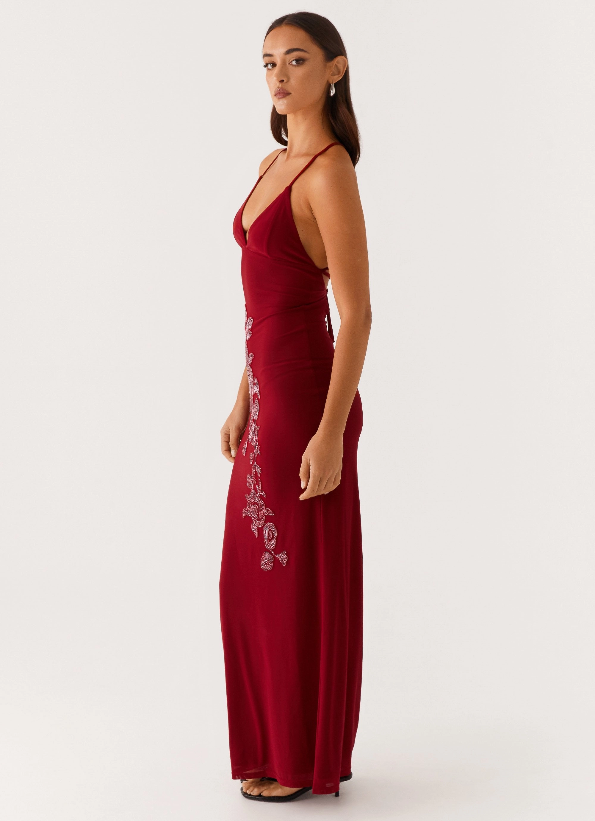 MoldResistantTexture Beki Beaded Mesh Maxi Dress - Deep Red