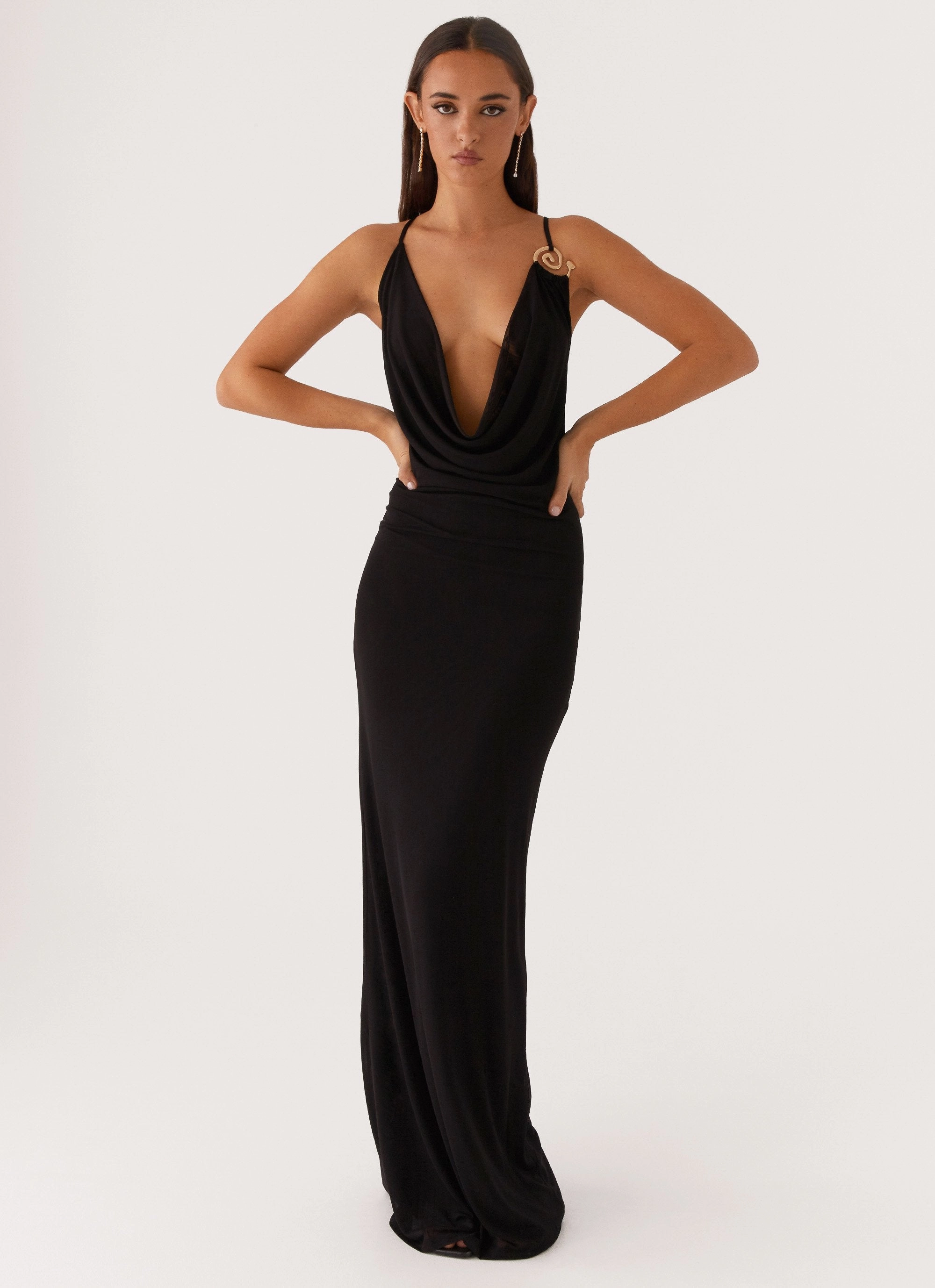 Evening-Wear Earth Colors Game Player Maxi Dress - Black