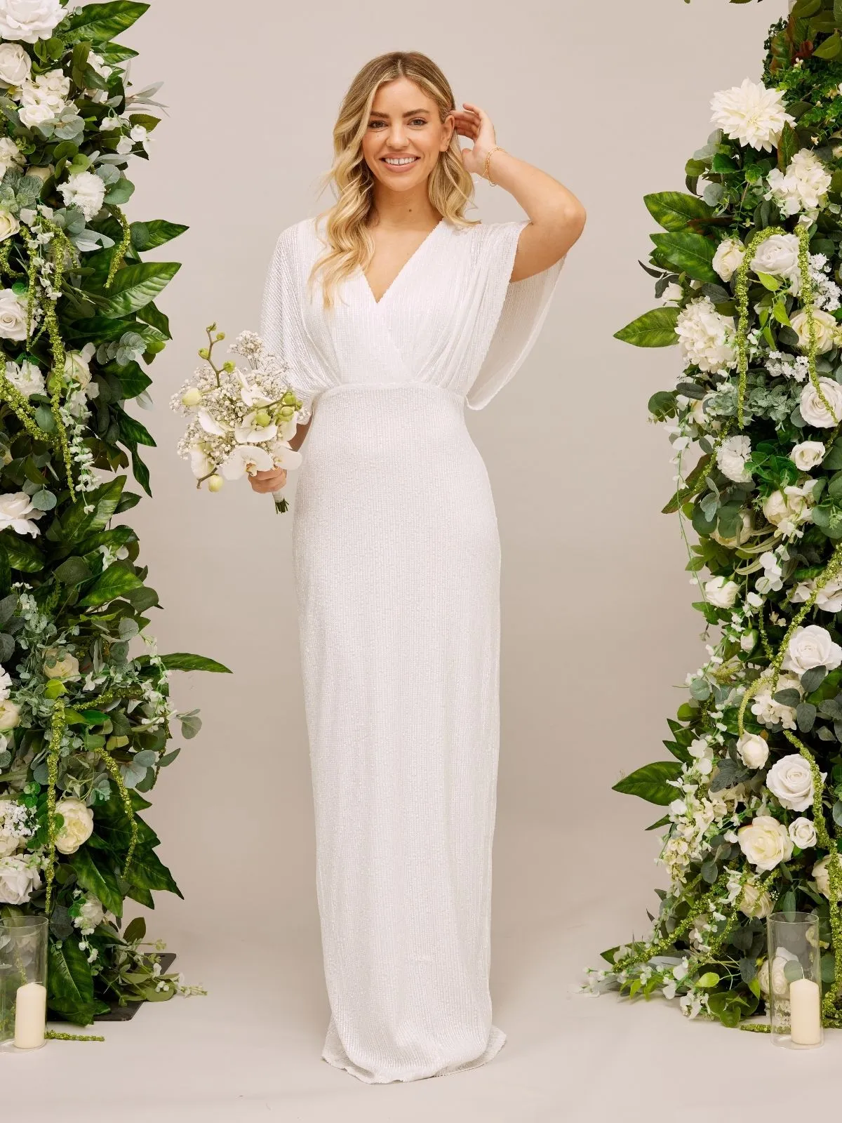 Angel Sleeve Sequin Maxi Bridal Dress / White Sequin Lightweight and Breezy Style Base