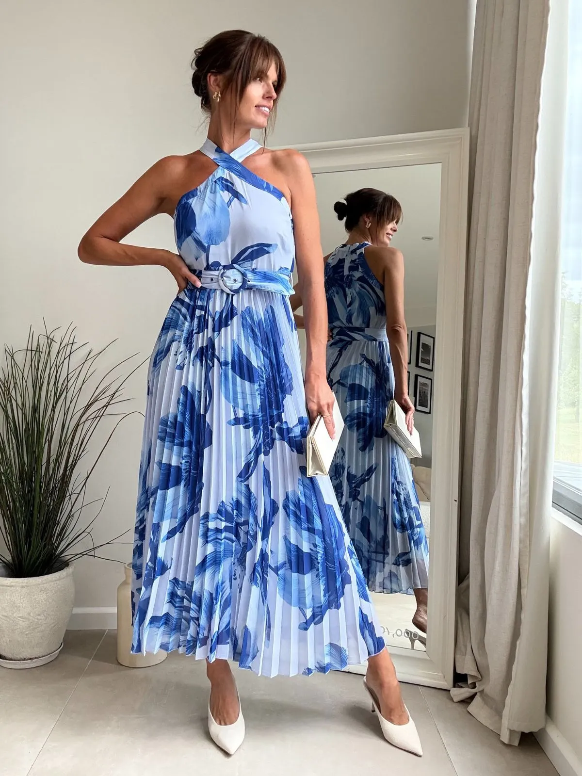 Minimalist Style Layering Comfort Paige Halter Pleated Belted Dress / Blue Floral