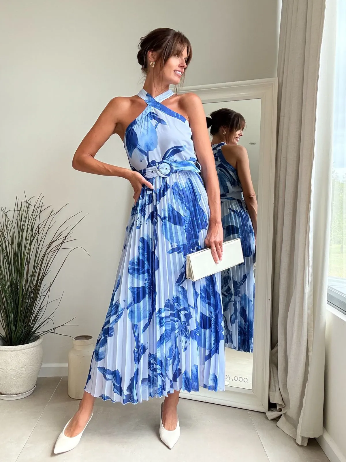 Paige Halter Pleated Belted Dress / Blue Floral Trend Detail Guest Shine