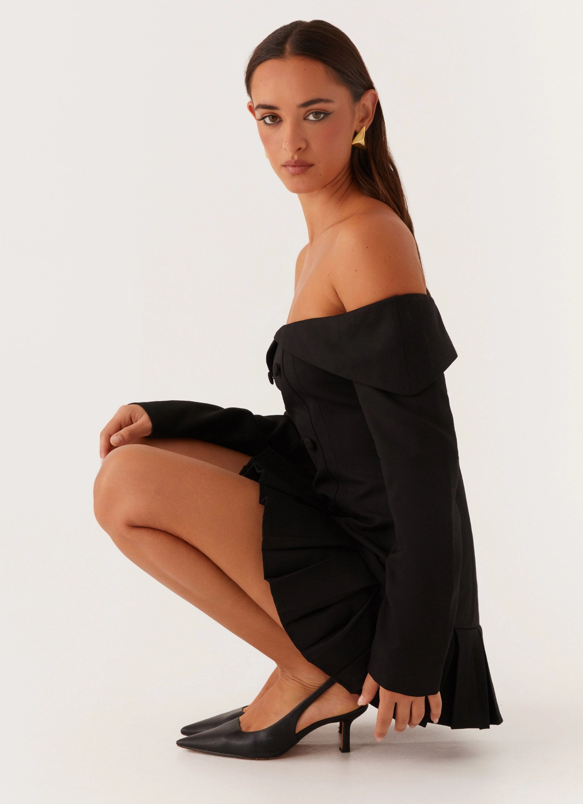 Texture Softness High-Neck Tarlisha Off Shoulder Long Sleeve Mini Dress - Black
