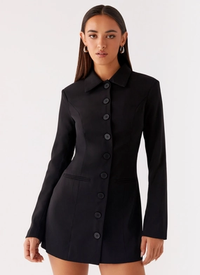 Memphis Blazer Mini Dress - Black Polished Details Collared
