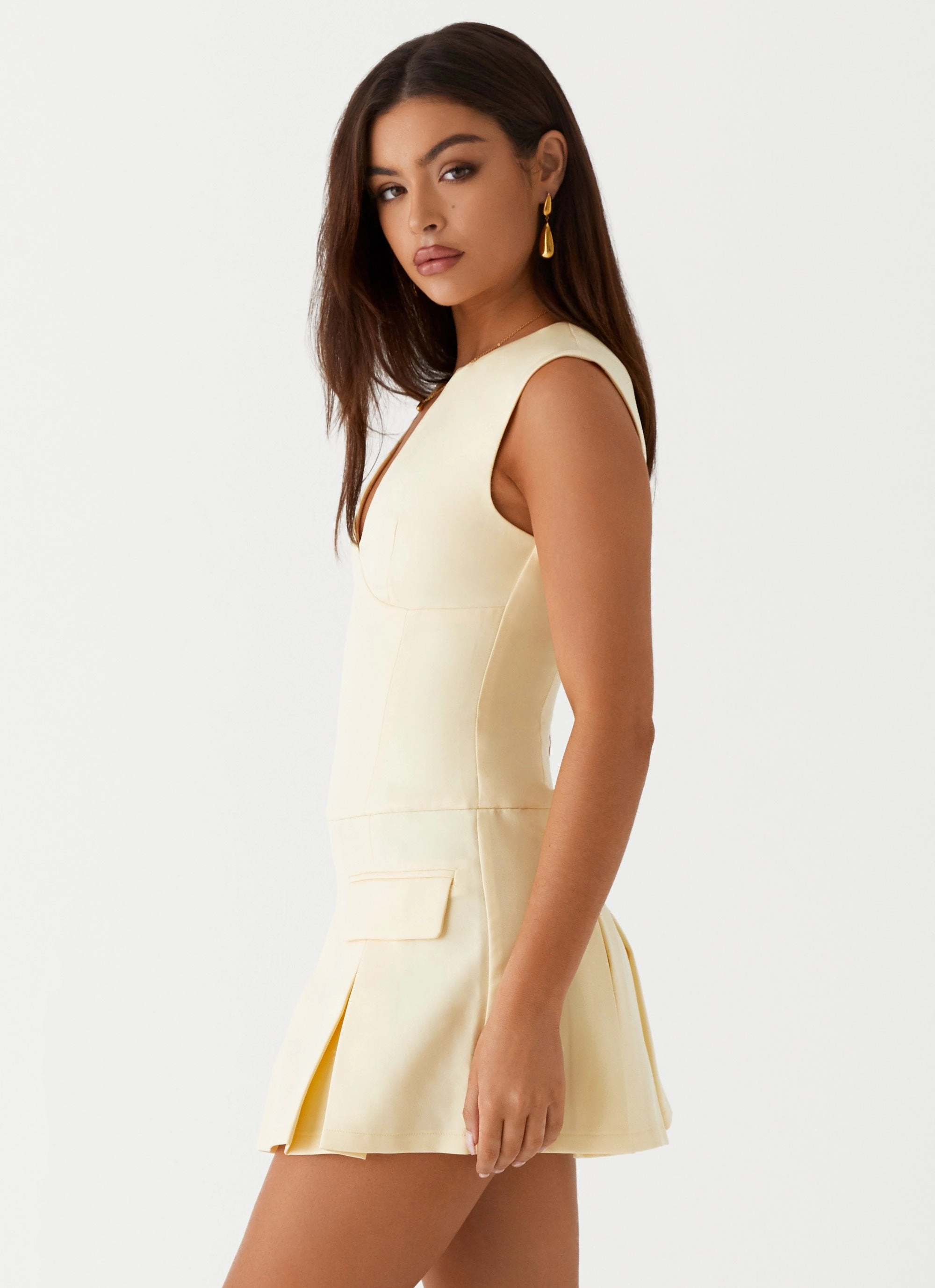 Cassia Mini Dress - Yellow Stylish Waistband Design