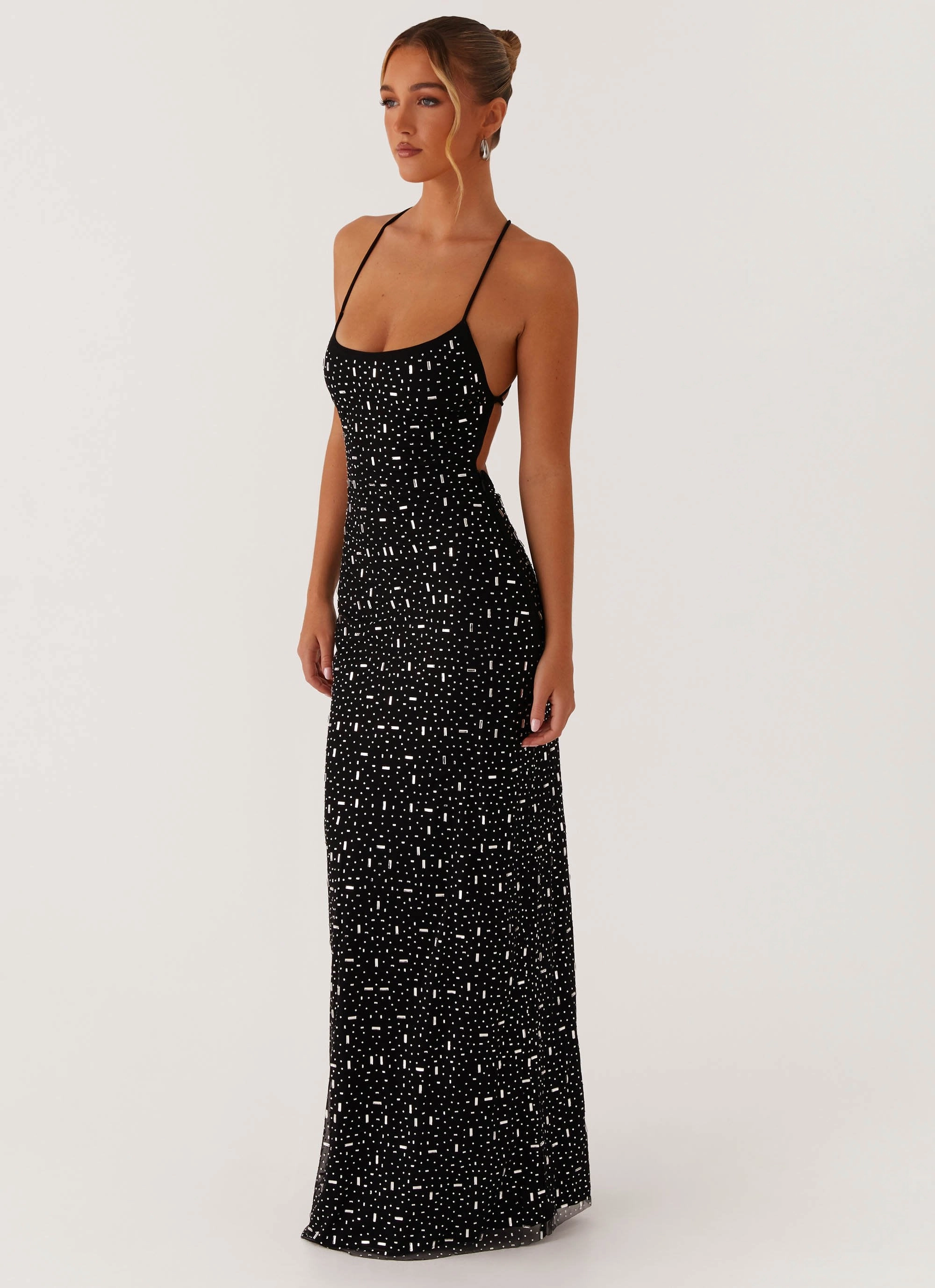 Elegant formal piece Cressida Rhinestone Mesh Maxi Dress - Black