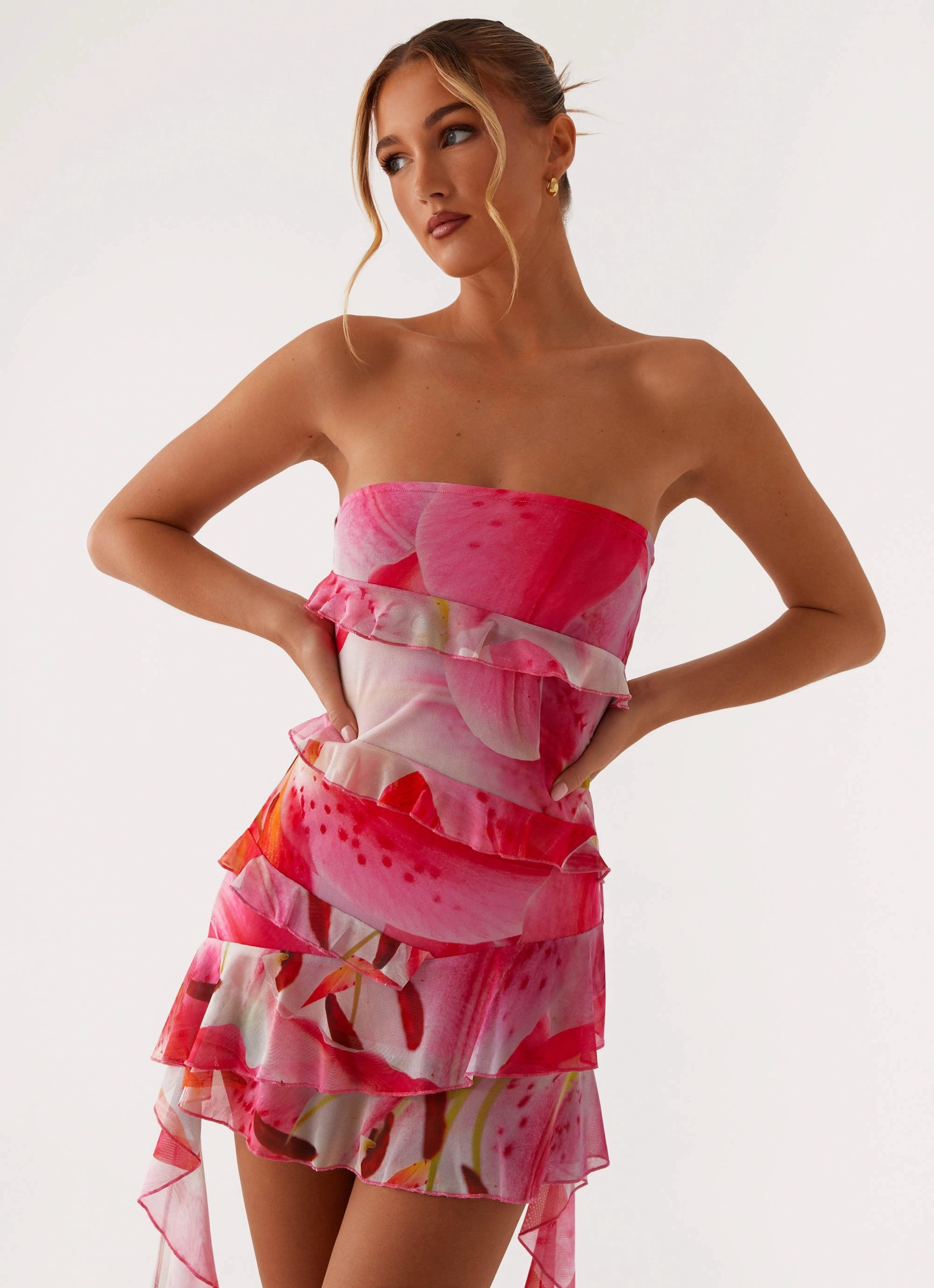 Hand-Wash Flared-Hem Macey Mini Dress - White Pink Lilly