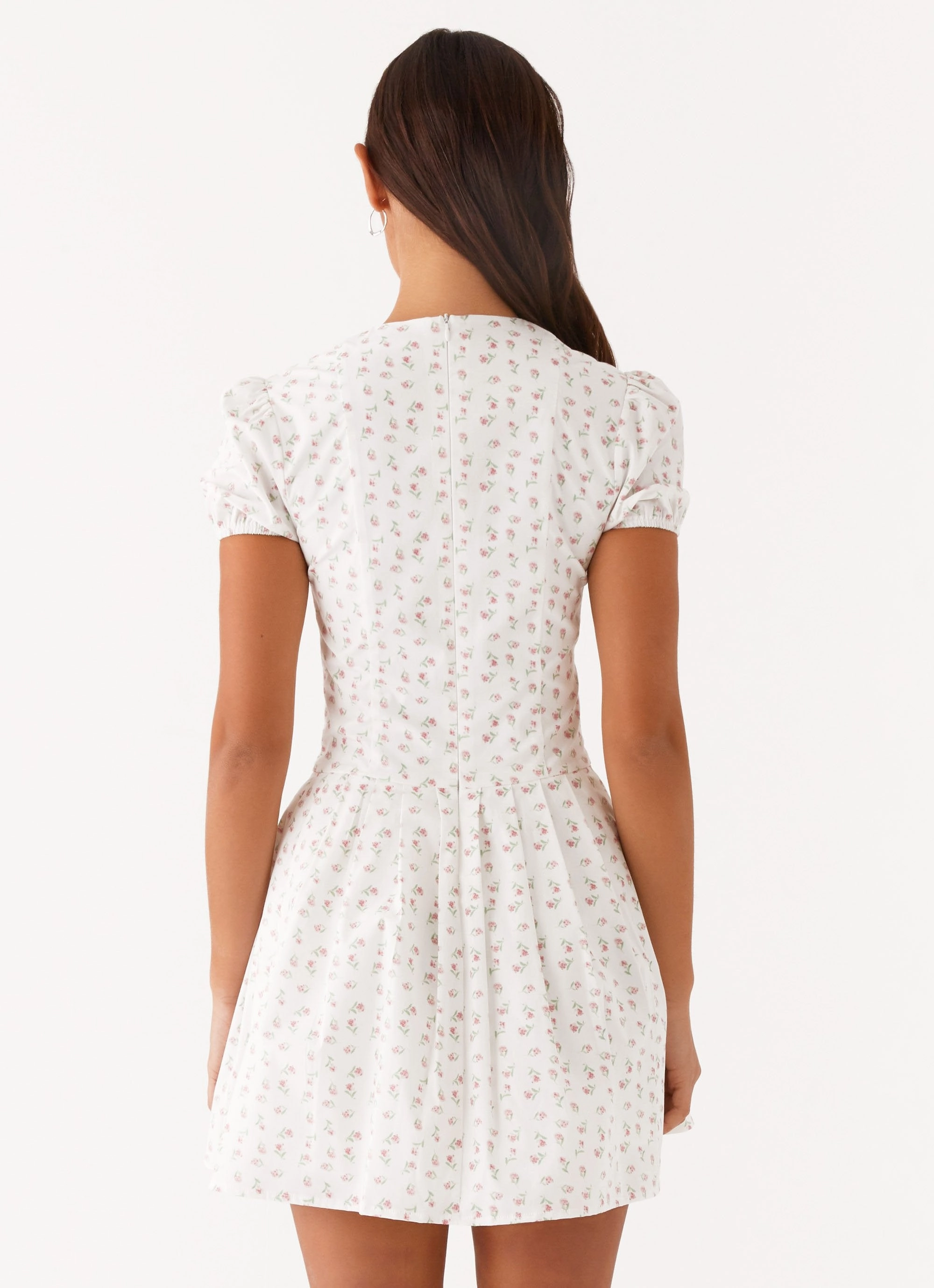Pleated design Clean Outline Falling Water Mini Dress - White Floral