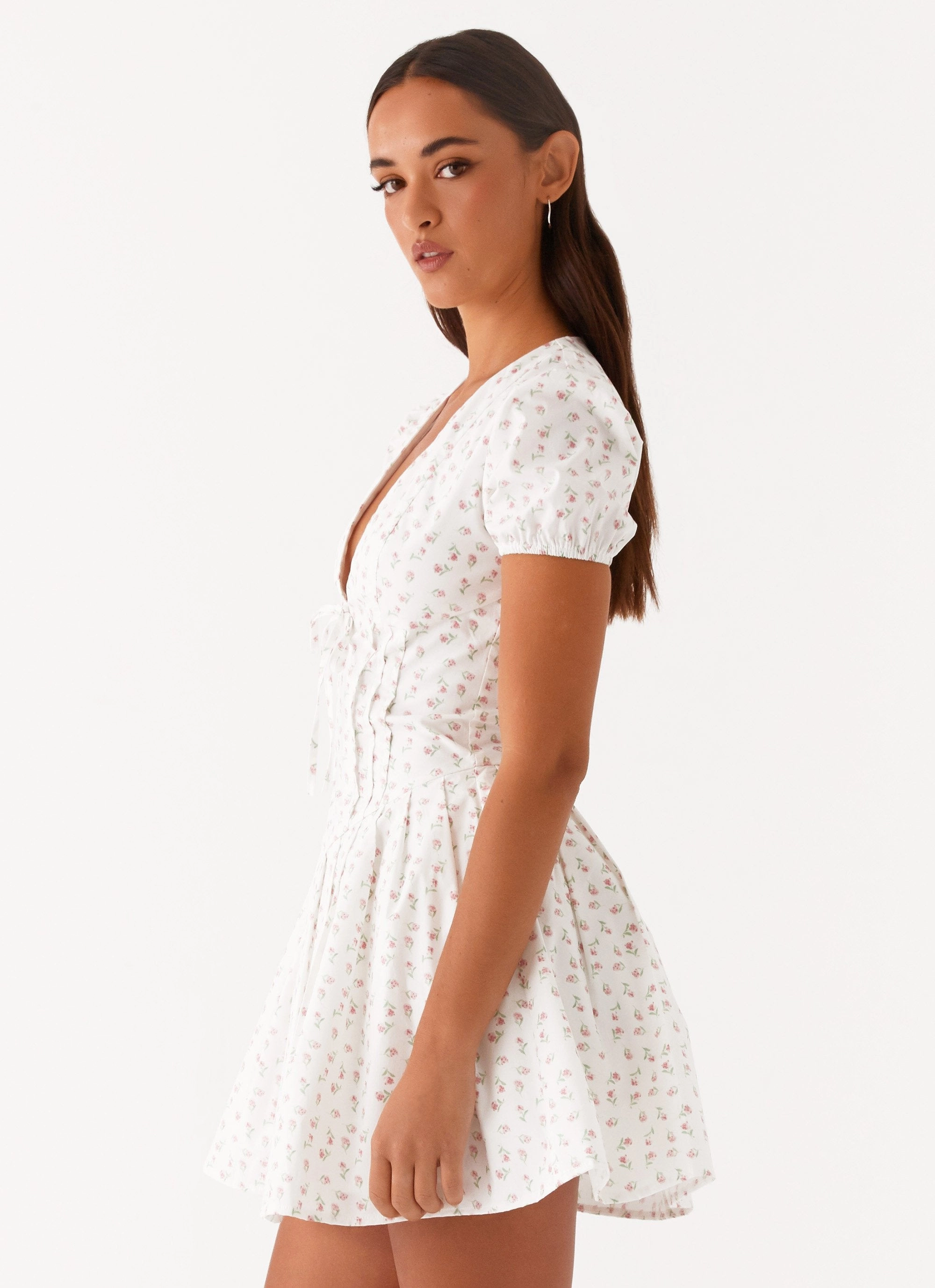 Falling Water Mini Dress - White Floral Mesh Soft Lounge Style
