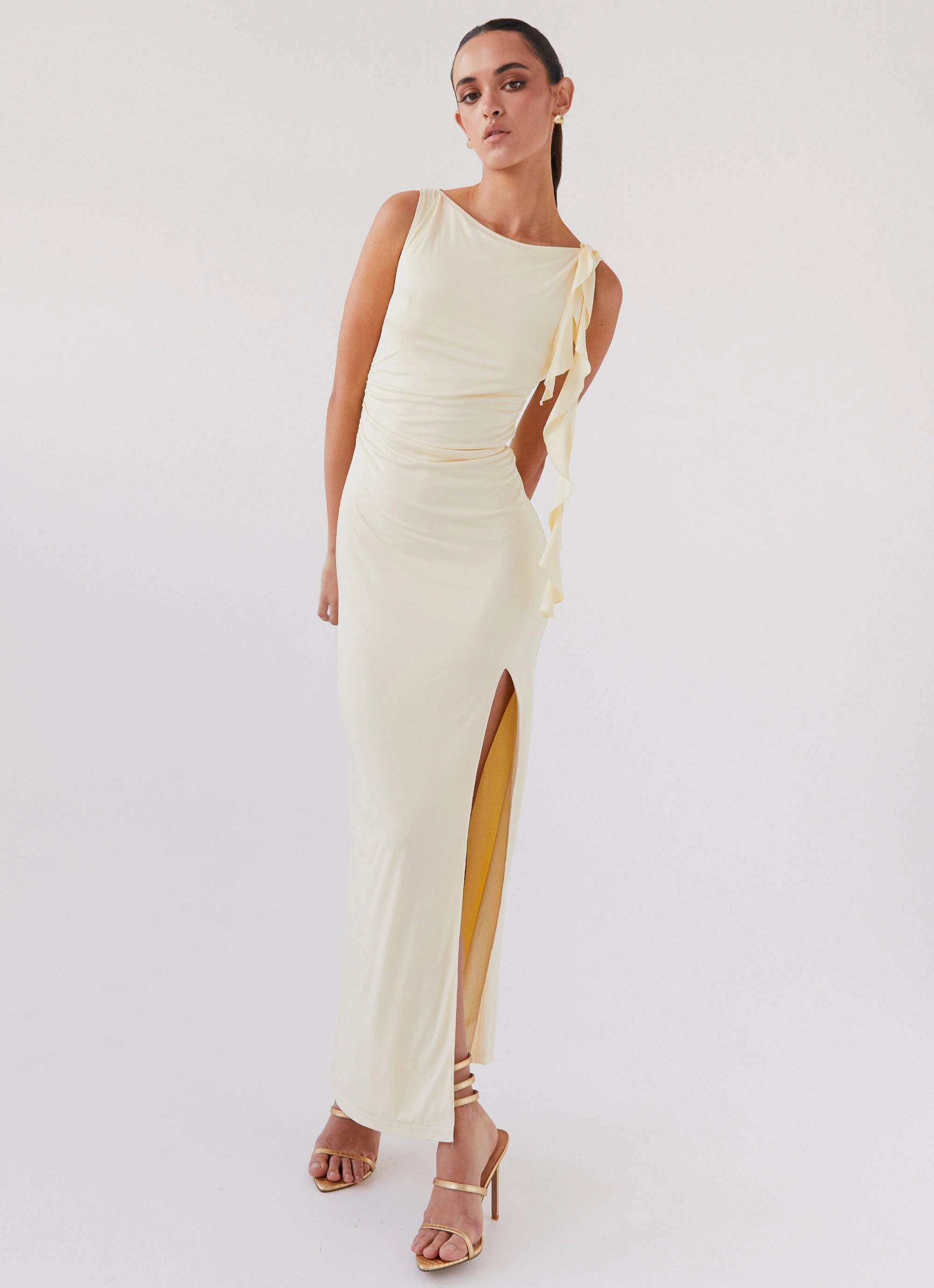 Stay With Me Frill Maxi Dress - Buttercream Stud-Detail