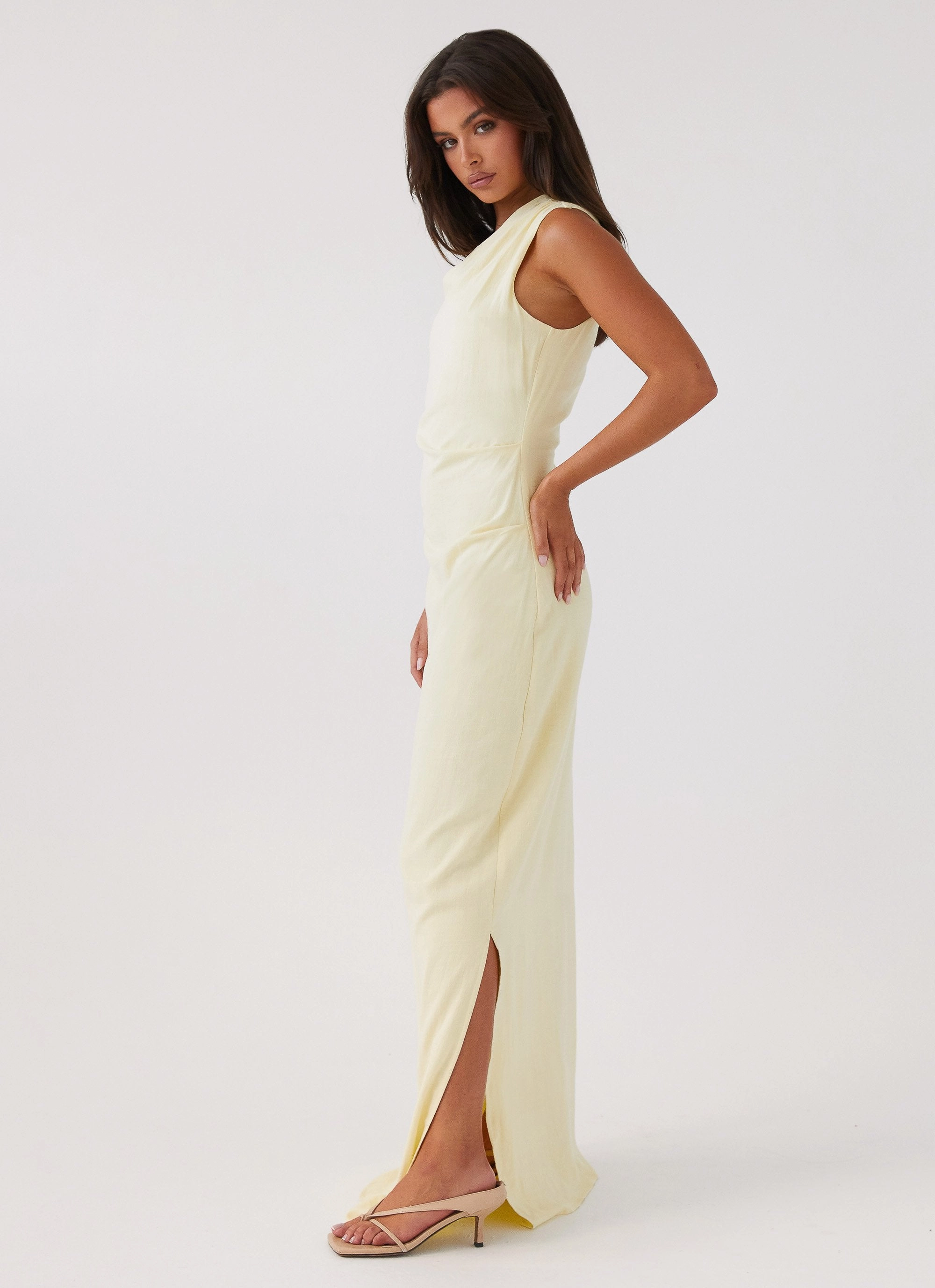 Daffodil Charm Linen Maxi Dress - Sunflower Yellow Side-Zip