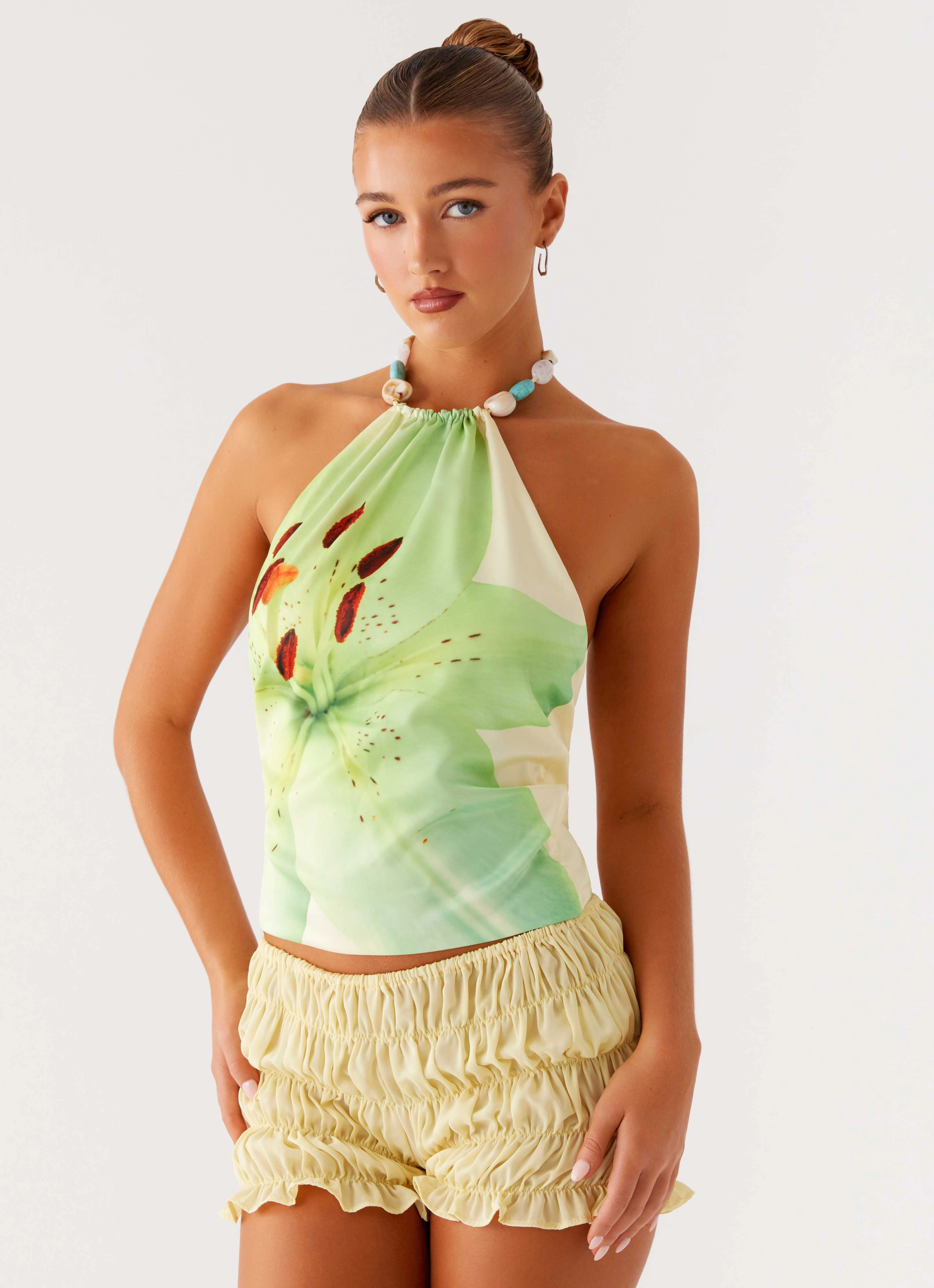 SeamFree Knitting Dalila Beaded Tie Back Top - Yellow Floral