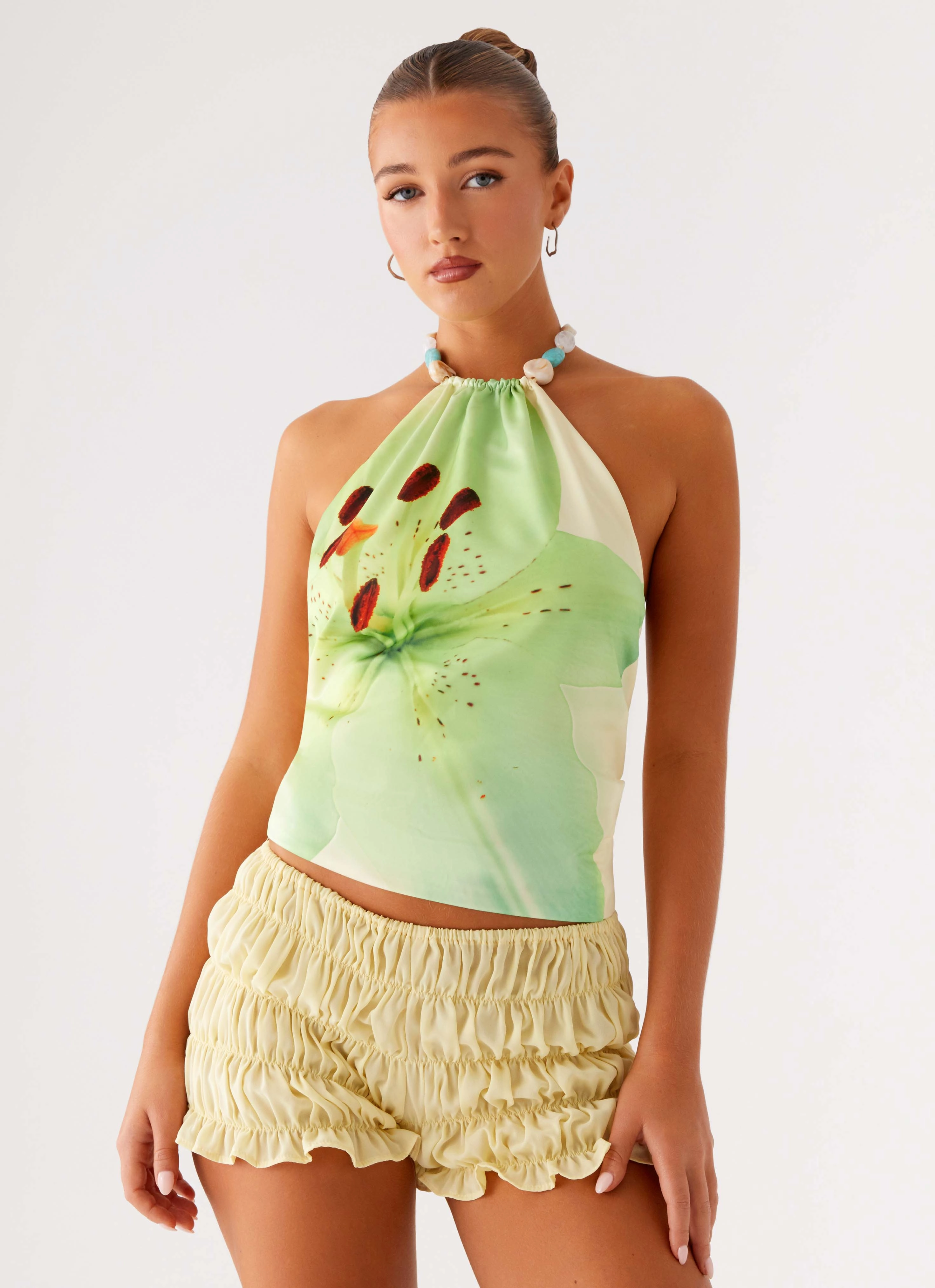 Dalila Beaded Tie Back Top - Yellow Floral Compact TravelFriendly Design DoubleLayeredShoulders