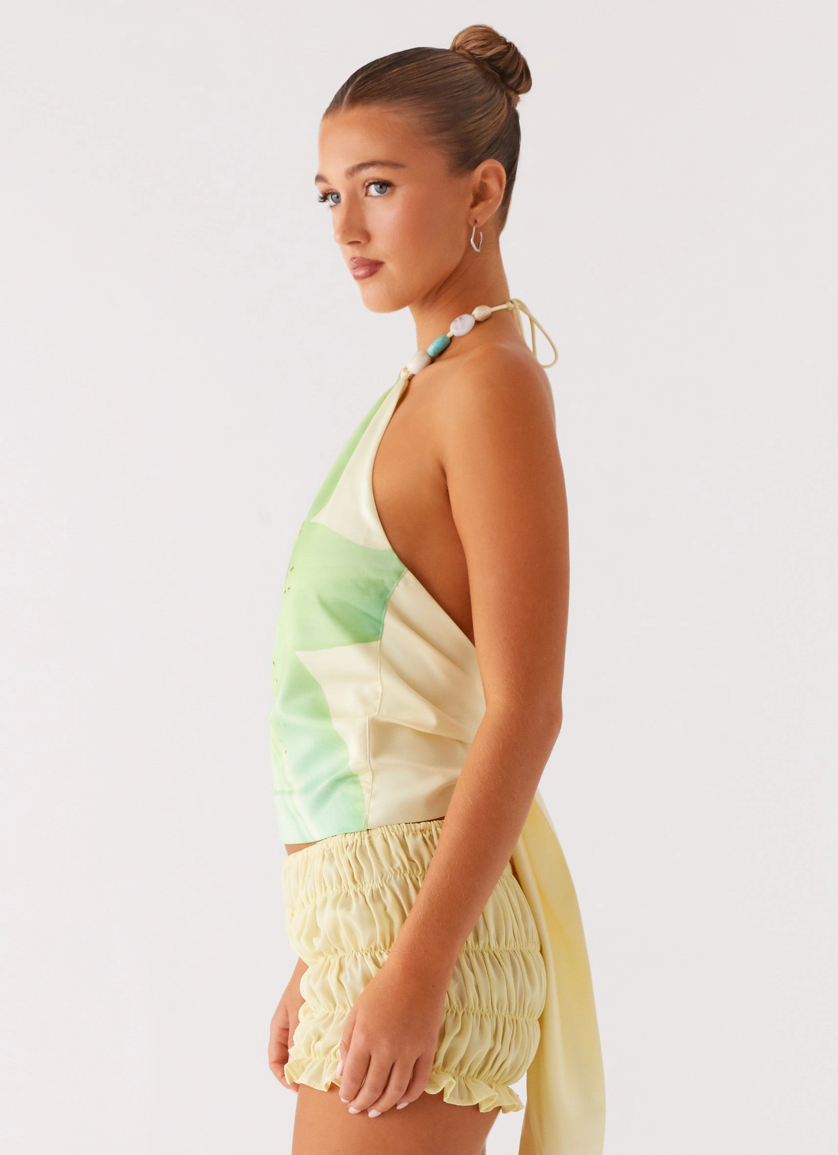 Temperature Regulating Fibers Dalila Beaded Tie Back Top - Yellow Floral