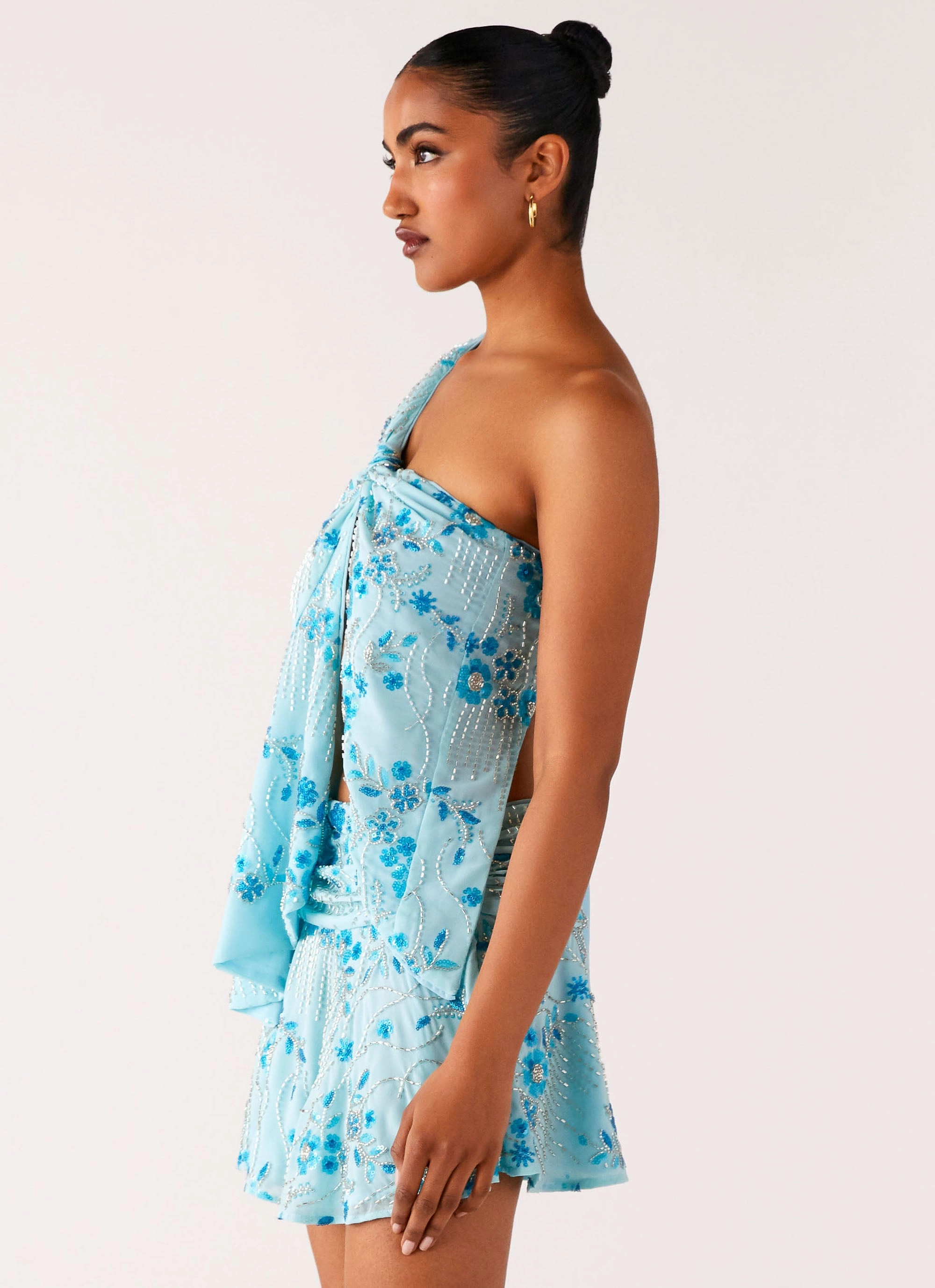 Soft Interior Brushing Delight Me Beaded Asymmetrical Top - Blue