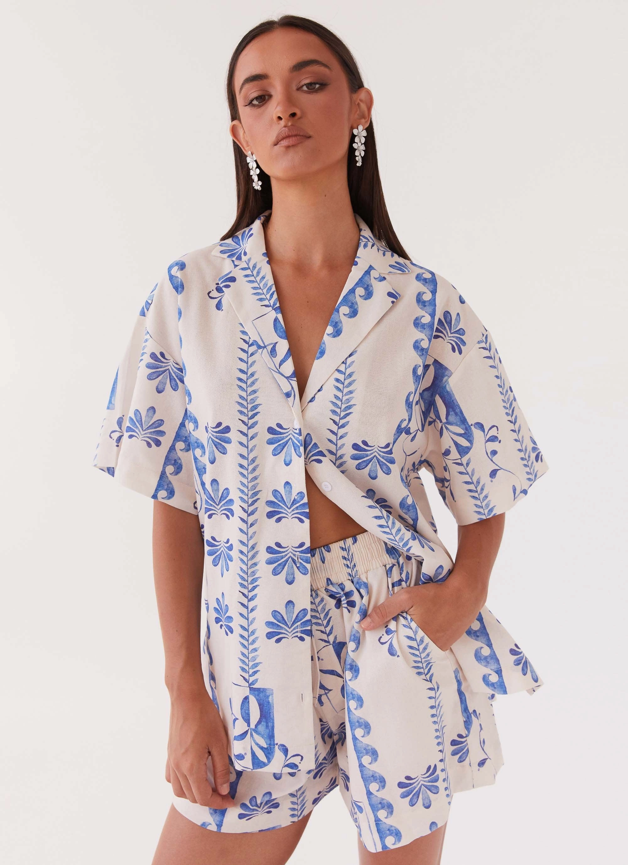 Sweet Relief Linen Oversized Shirt - Floral Wave Weatherproof Seams