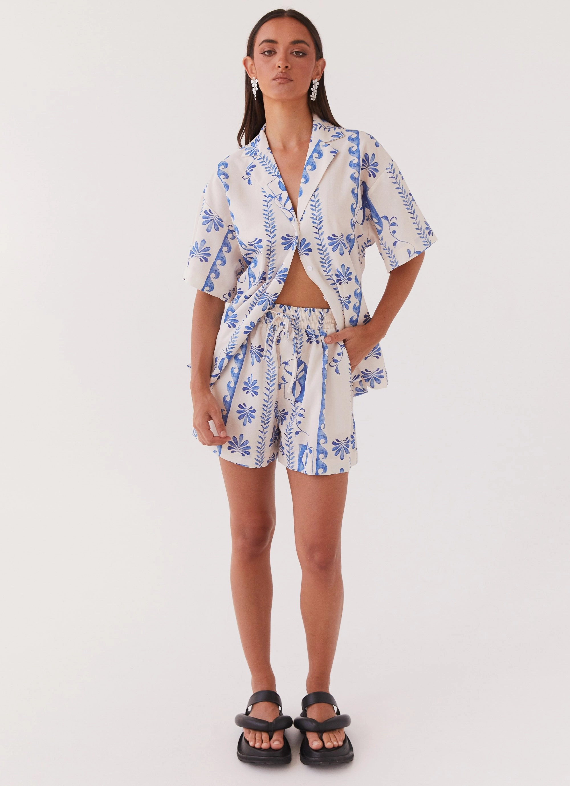Sweet Relief Linen Oversized Shirt - Floral Wave Down Stuffed
