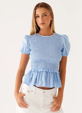 Izzy Shirred Top - Blue Ergonomic Fit Design Circular Knit Technique