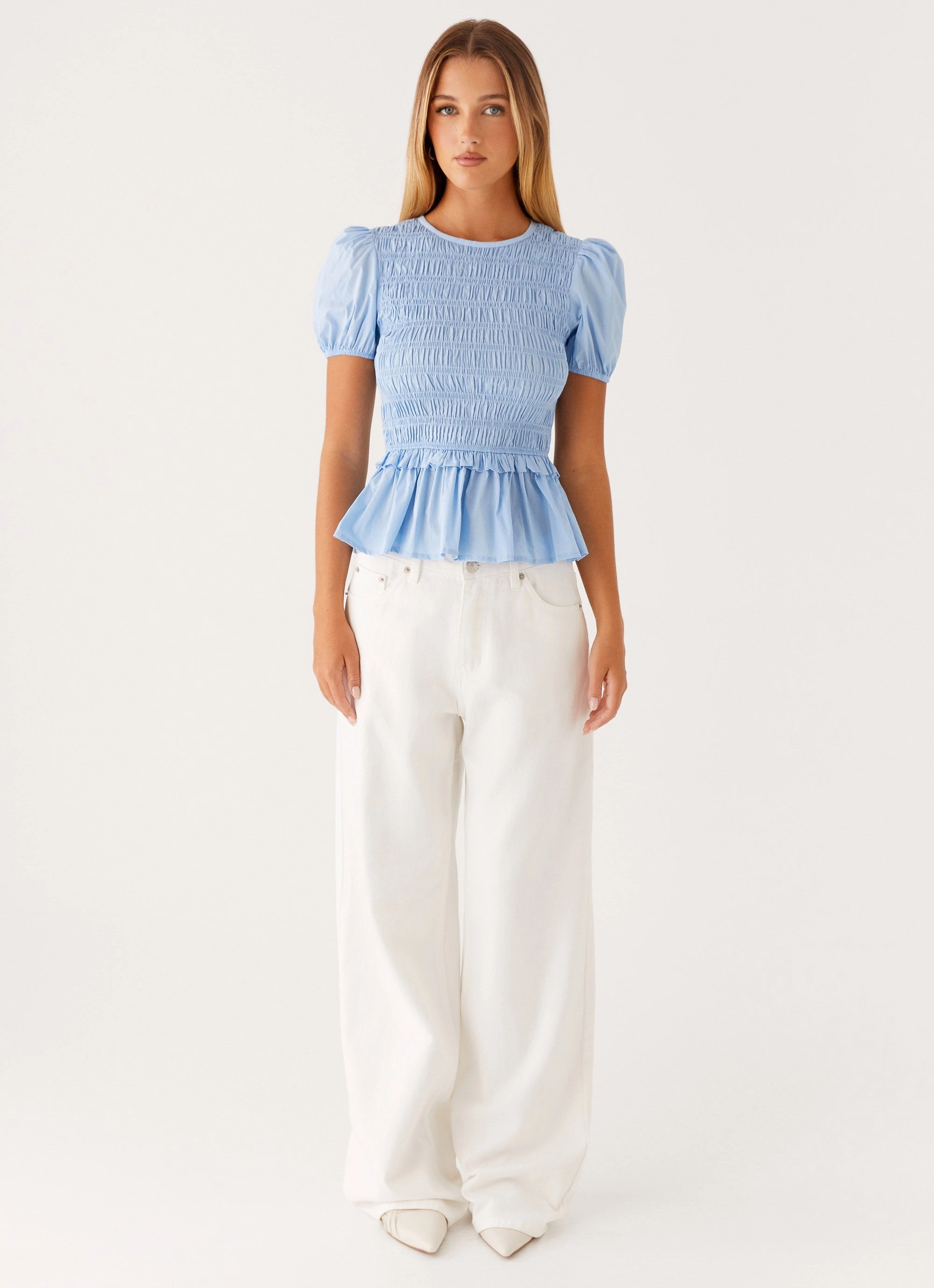 Anti Slip Shoulder Padding TurtleneckDesign Izzy Shirred Top - Blue