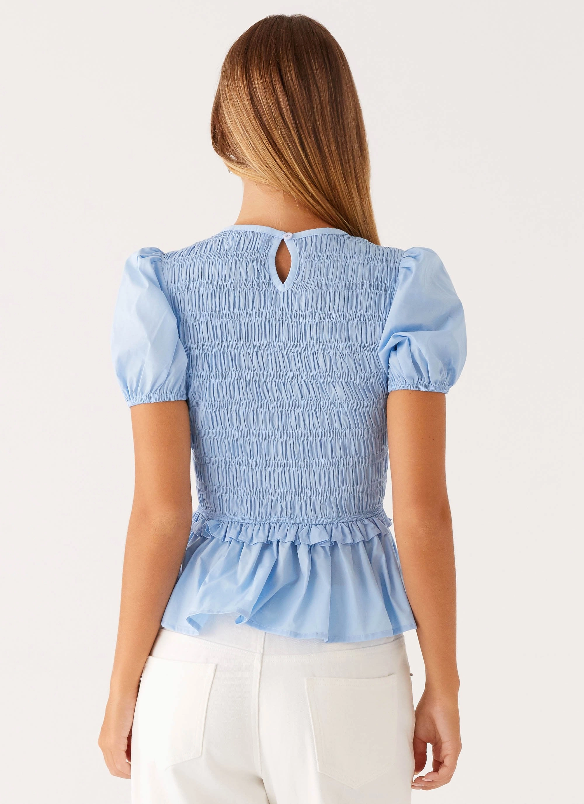 Compact Jacquard Weave Izzy Shirred Top - Blue