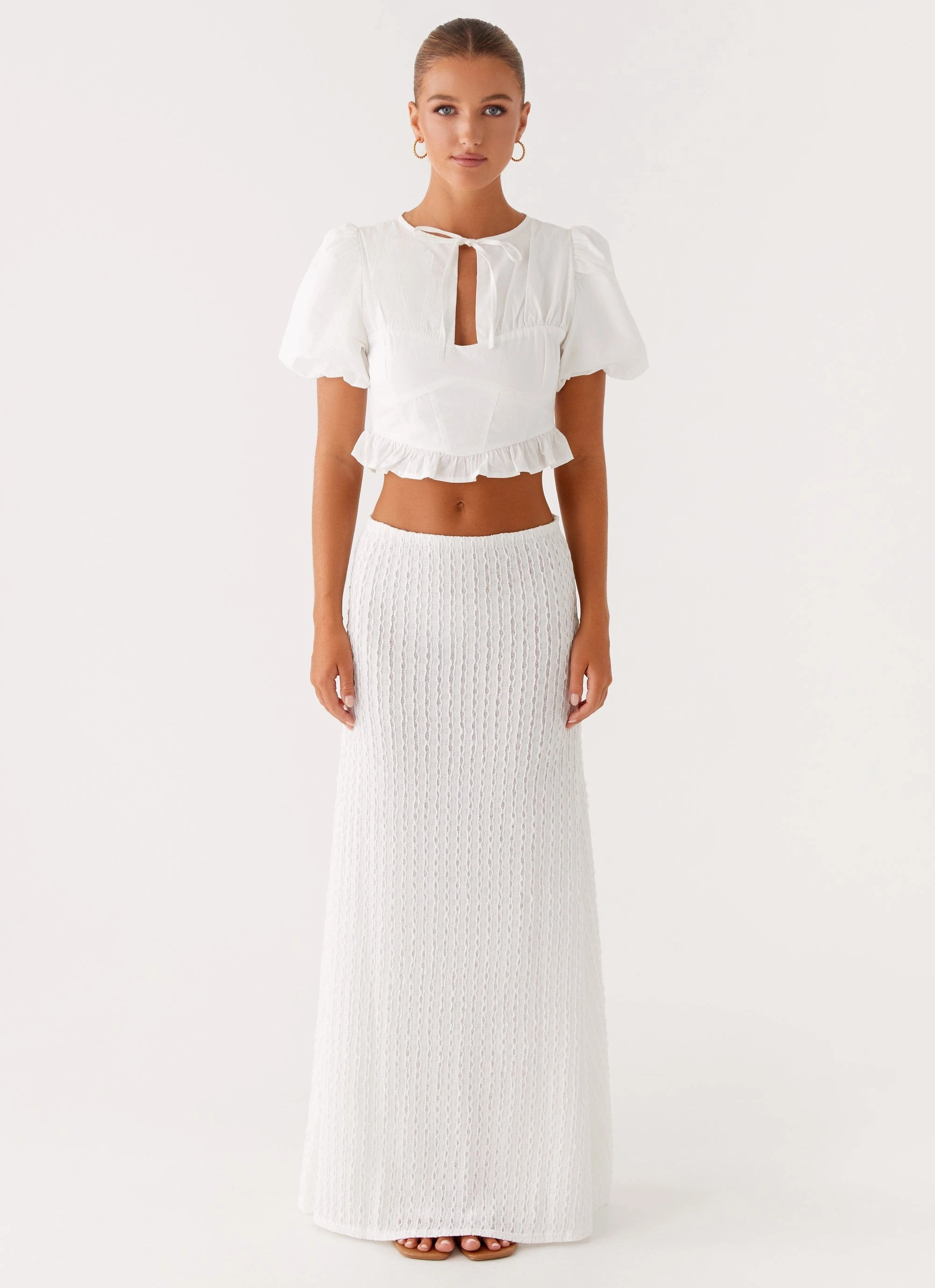 CroppedLength Ribbed Collar Design Megan Balloon Sleeve Top - White