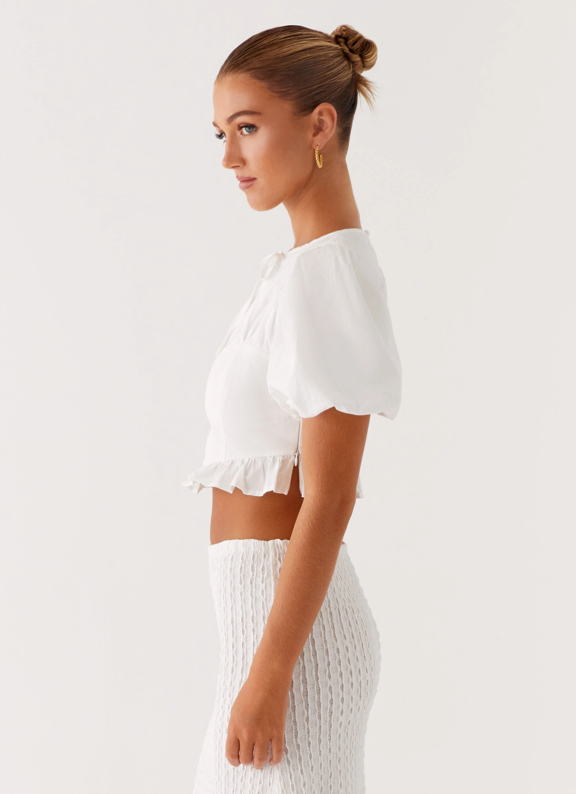 Megan Balloon Sleeve Top - White RawHemDetail Hot Weather