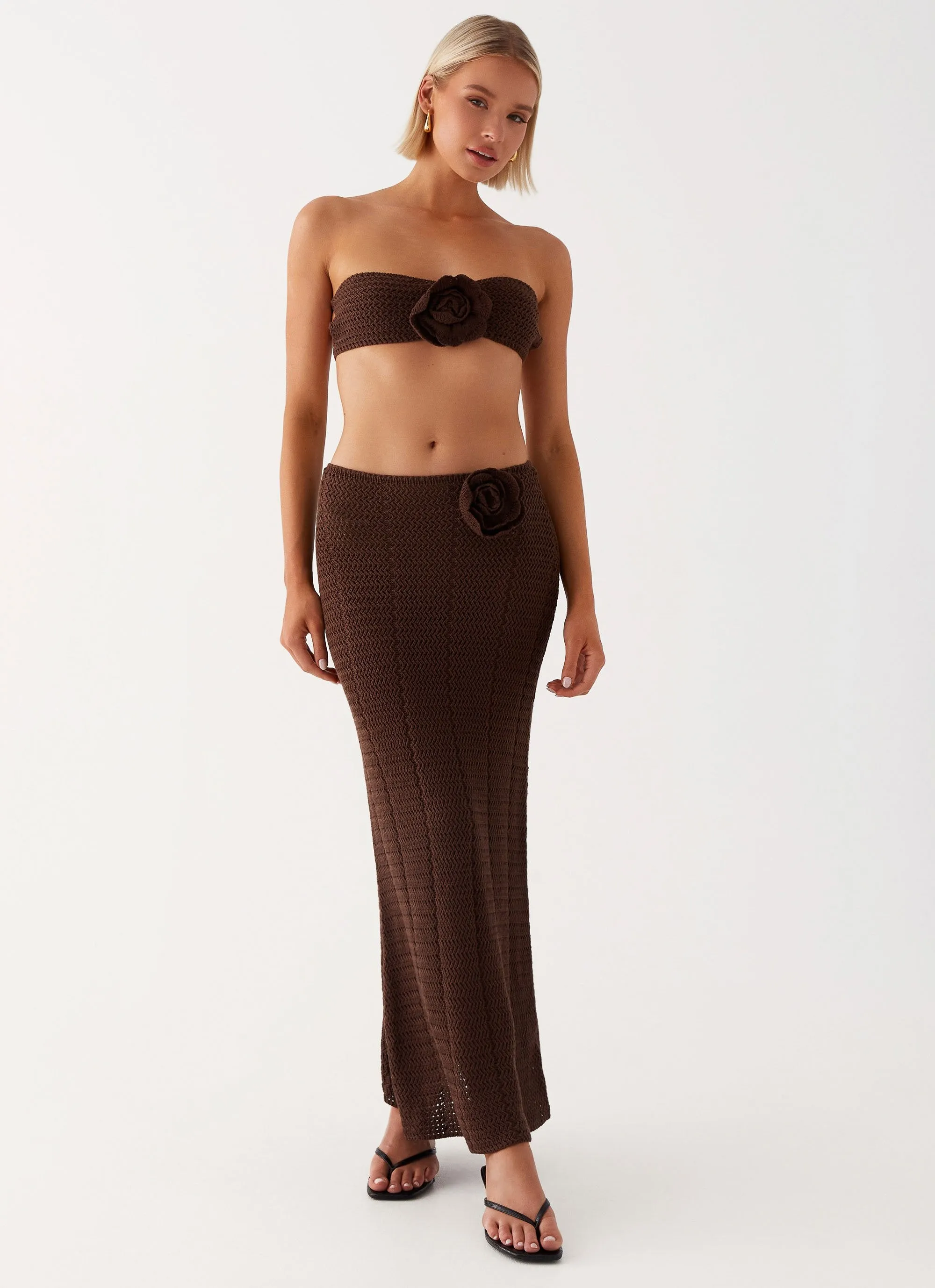 Seamless construction Design innovation Kelcie Rose Crochet Maxi Skirt - Chocolate