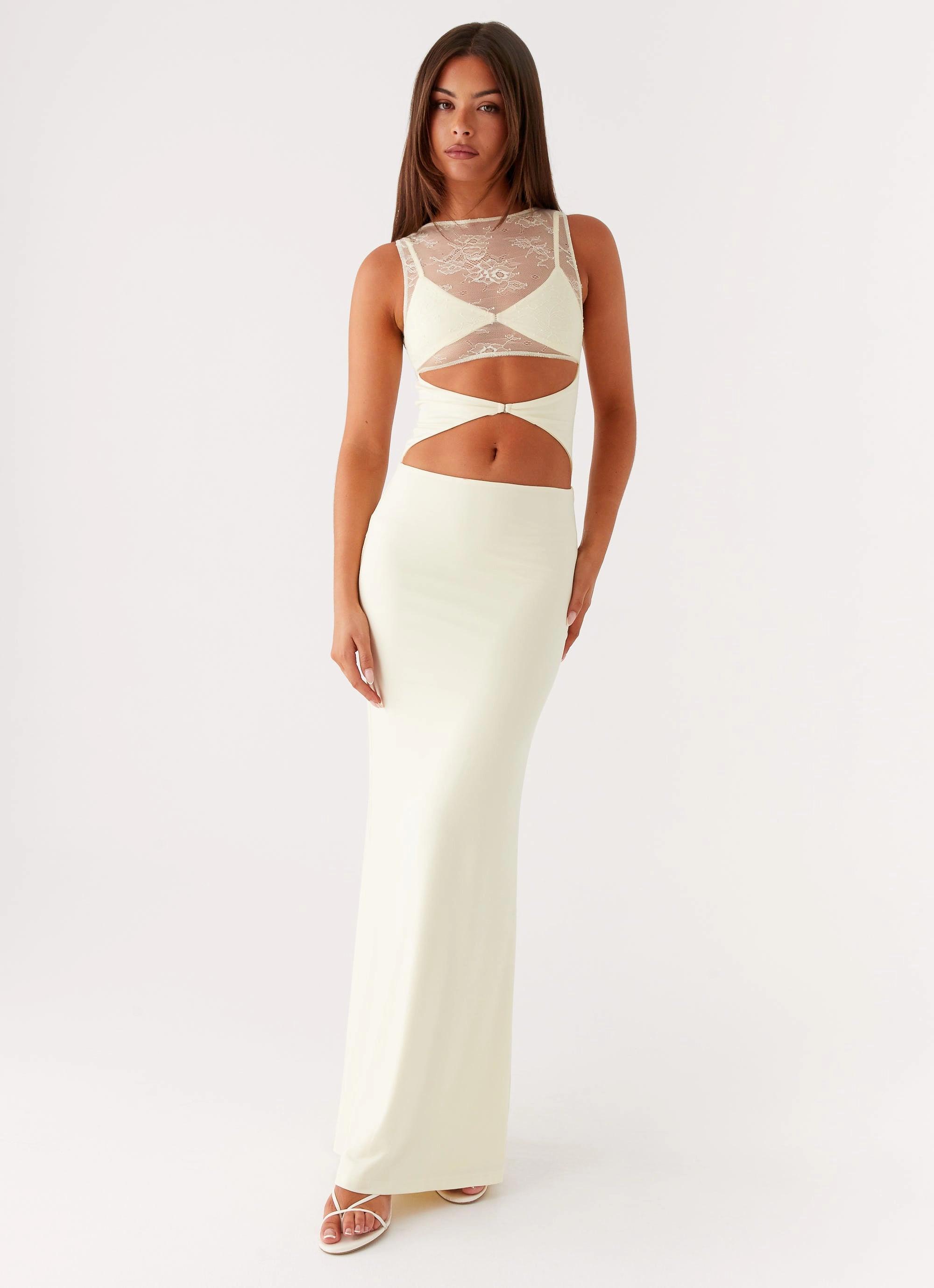 Fitted Base Pleated-Skirt Imperial Maxi Dress - Yellow