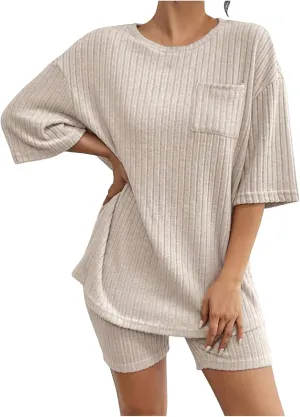 cooki Pajama Sets for Women 2 Piece Lounge Sets Short Sleeve Ribbed Knit T-shirt and Shorts Pjs Set Plus Size Sleepwear Set