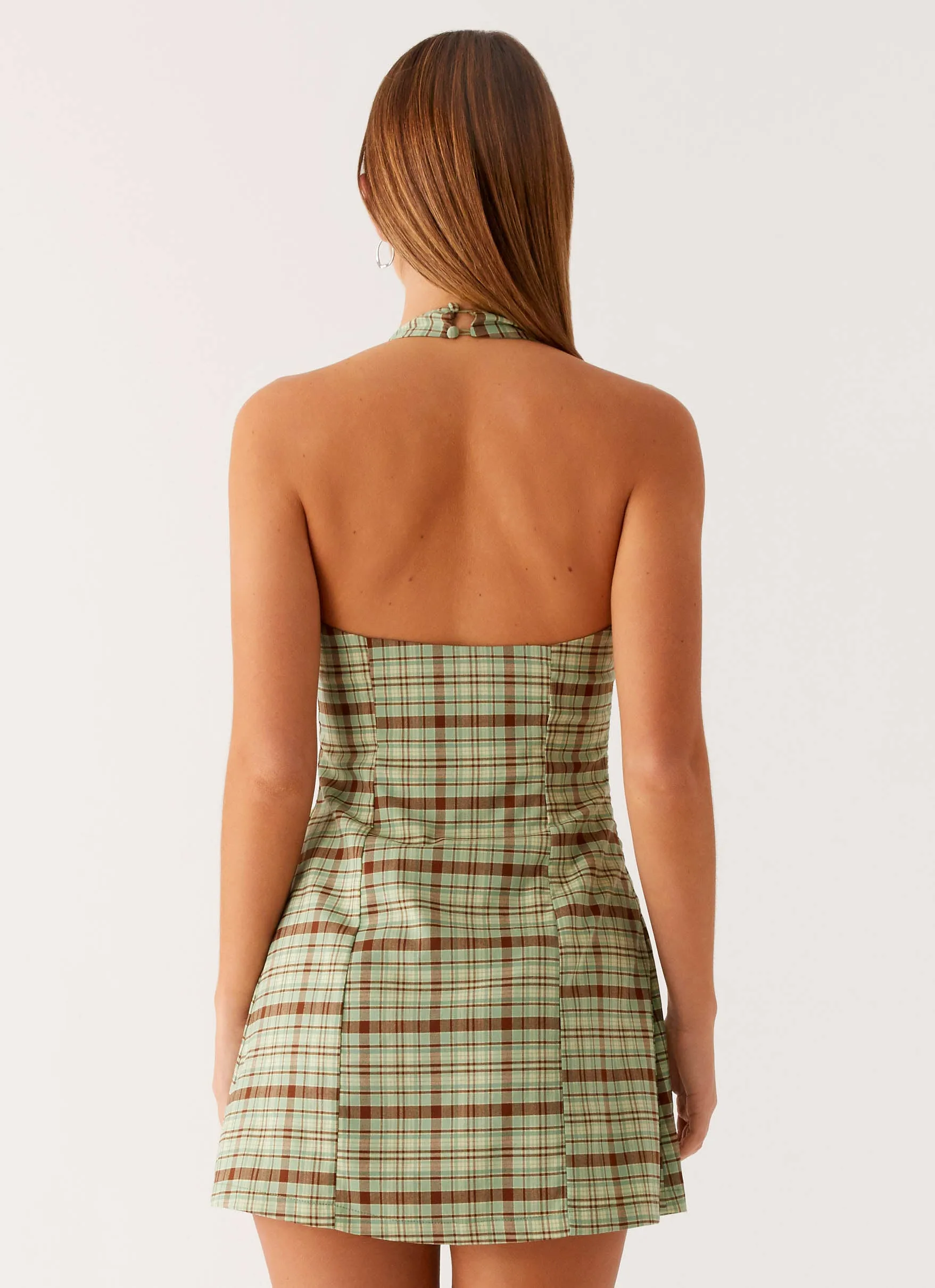 Casual Sophistication Dunia Halter Mini Dress - Forest Plaid