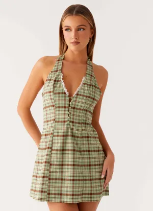 Dunia Halter Mini Dress - Forest Plaid Lightweight Feel Versatile Piece