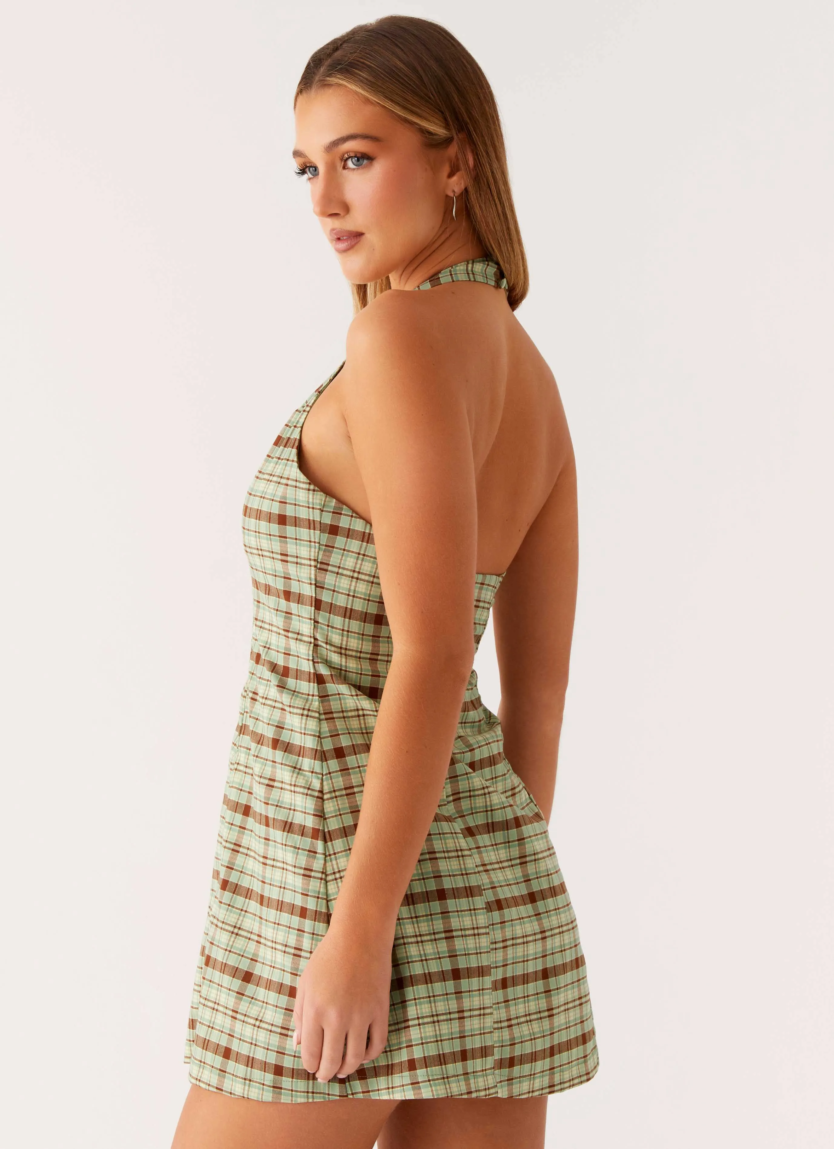 Dunia Halter Mini Dress - Forest Plaid Travel-friendly All day wearability