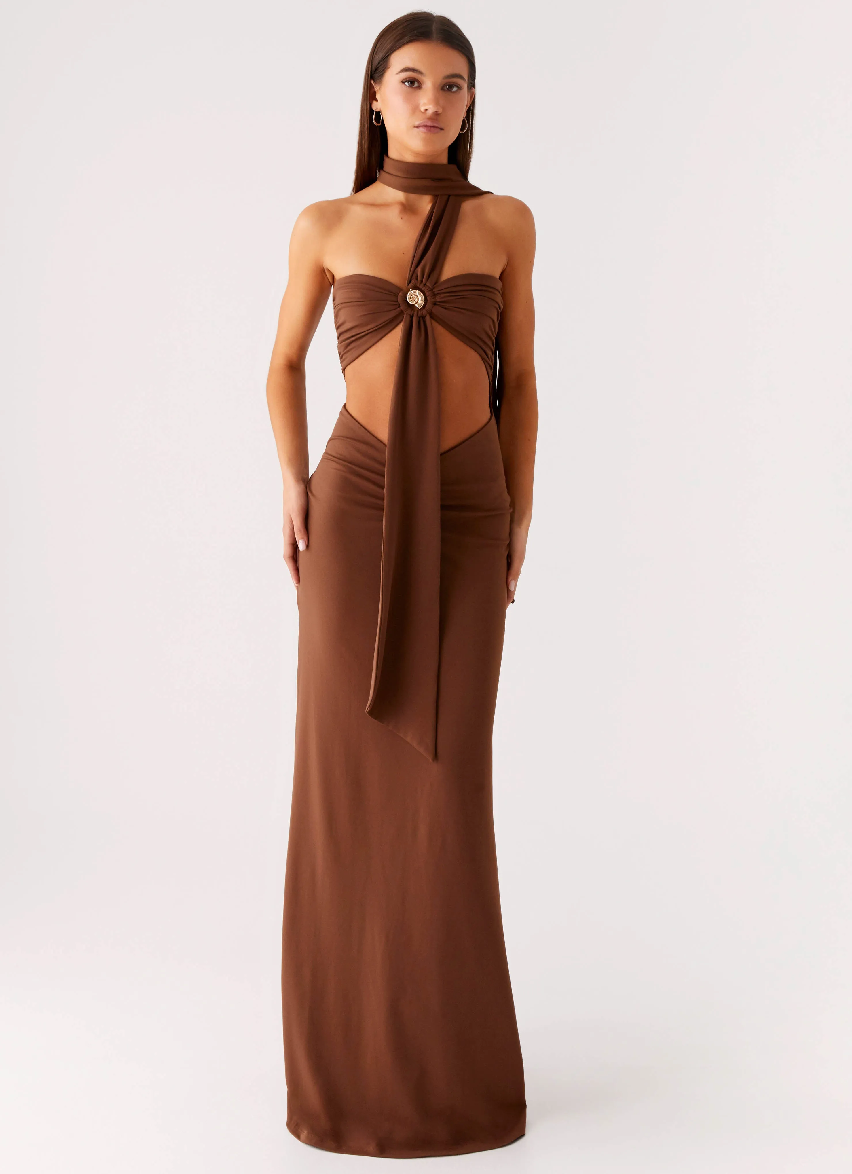Olive Bloom Maxi Dress - Chocolate Glossy Texture