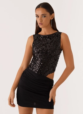 Superstition Sequin Mini Dress - Black Calm Lines Flattering Lines