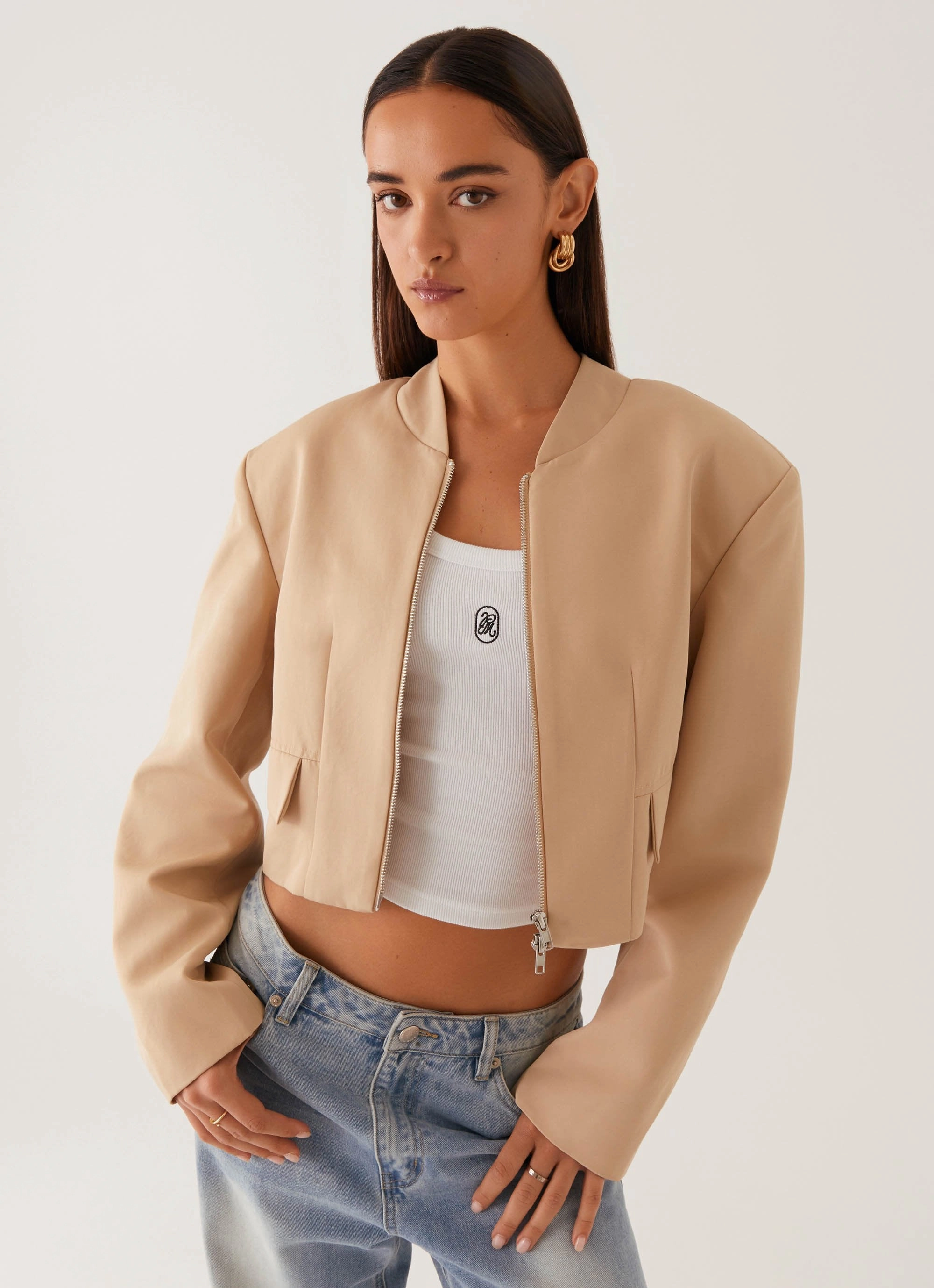Wind Stop MagneticClosure Halyn Cropped Bomber Jacket - Brown