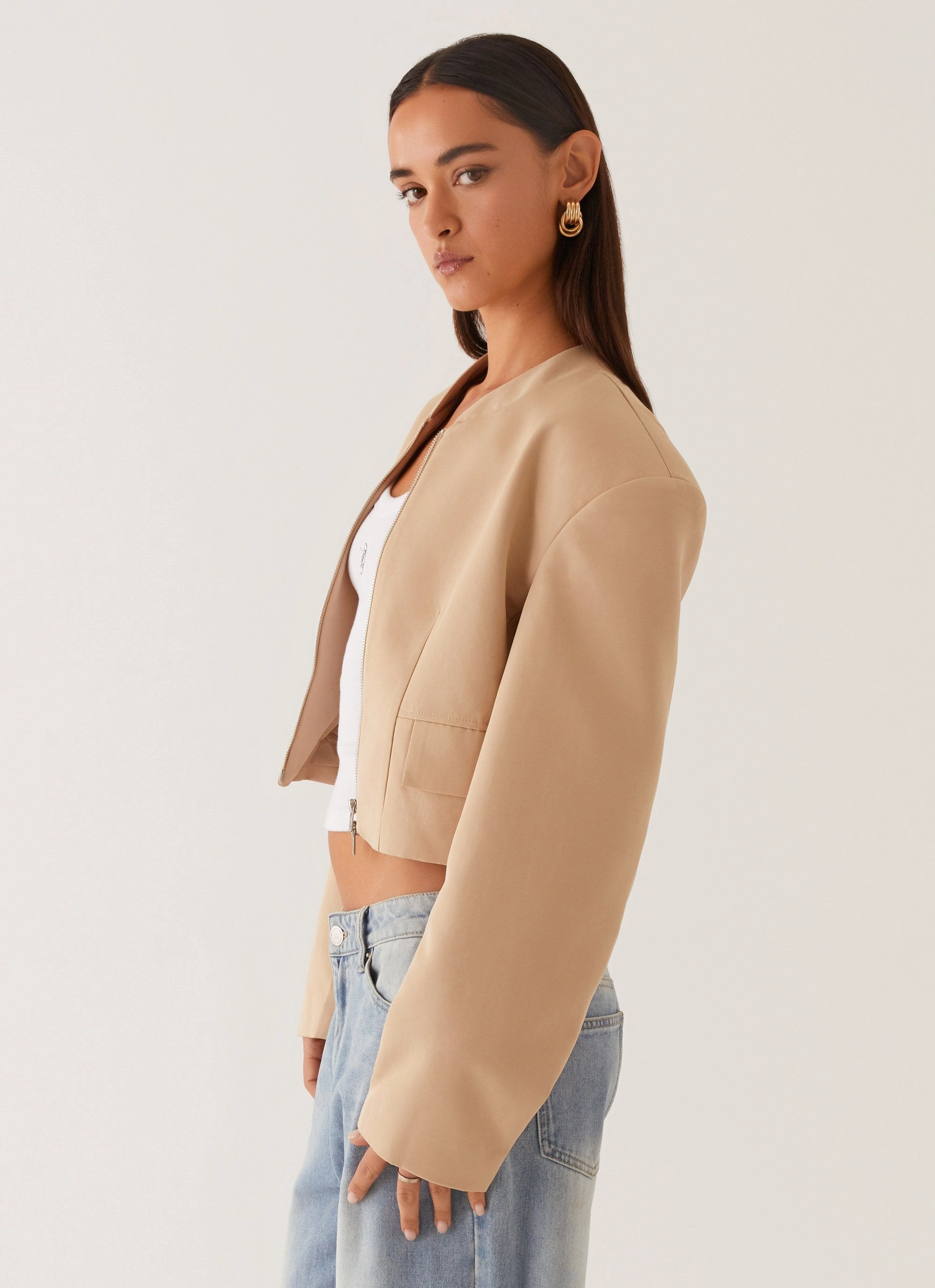 Shawl Lapel Smooth Zipper Action Halyn Cropped Bomber Jacket - Brown