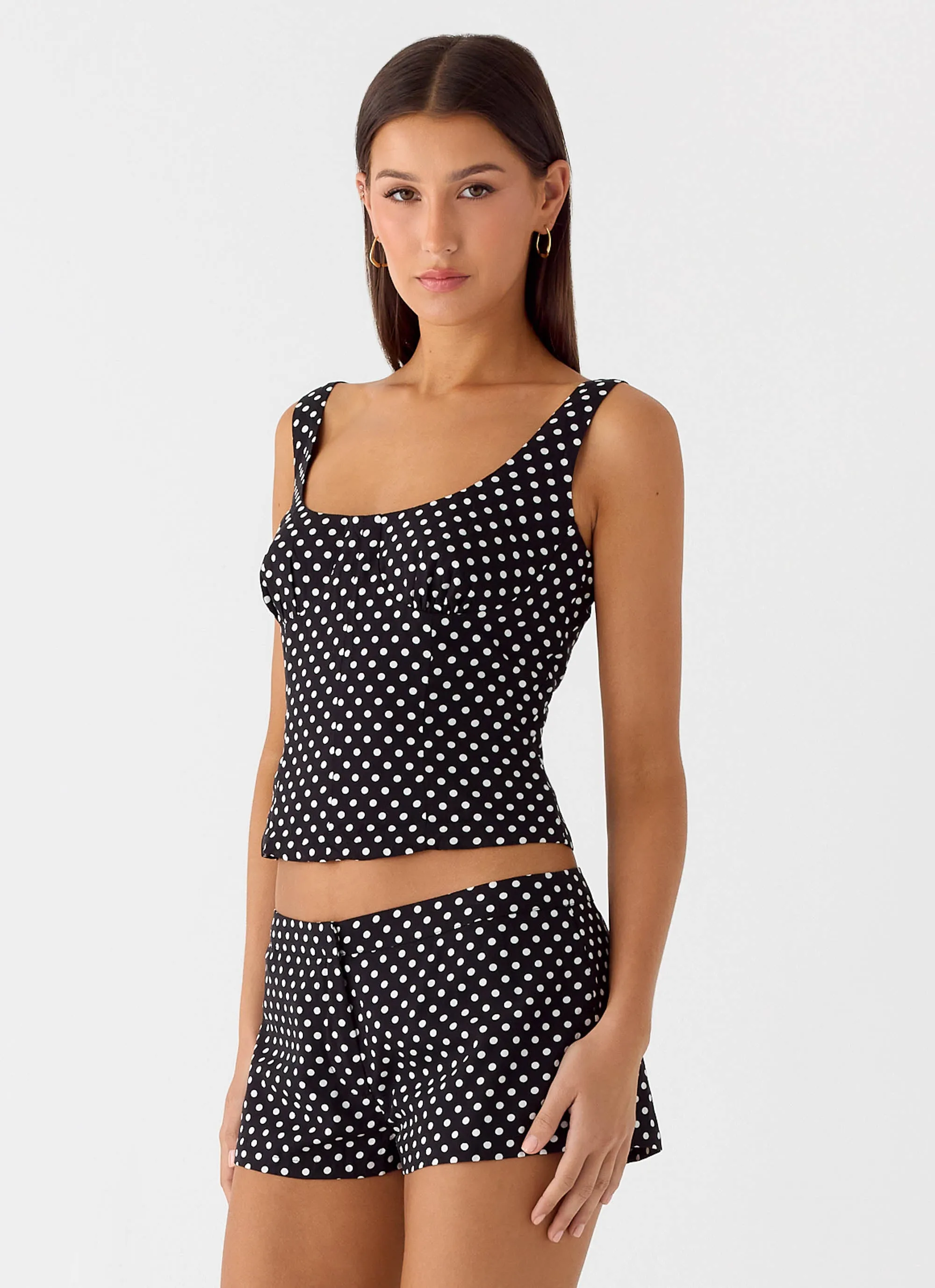 Coastline Bustier Top - Black Polkadot SeamFreeShoulder Sport Hoodie