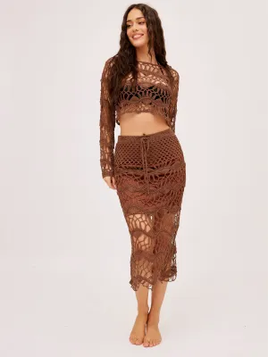 perforated design Functional Fashion Cora Crochet Midi Skirt / Brown