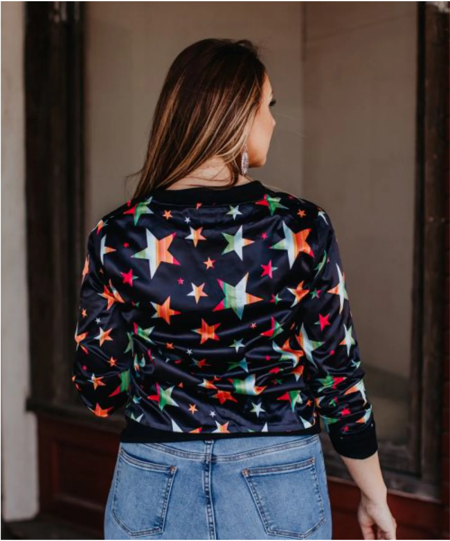 Coral & Black Serape Stars Printed Bomber Jacket