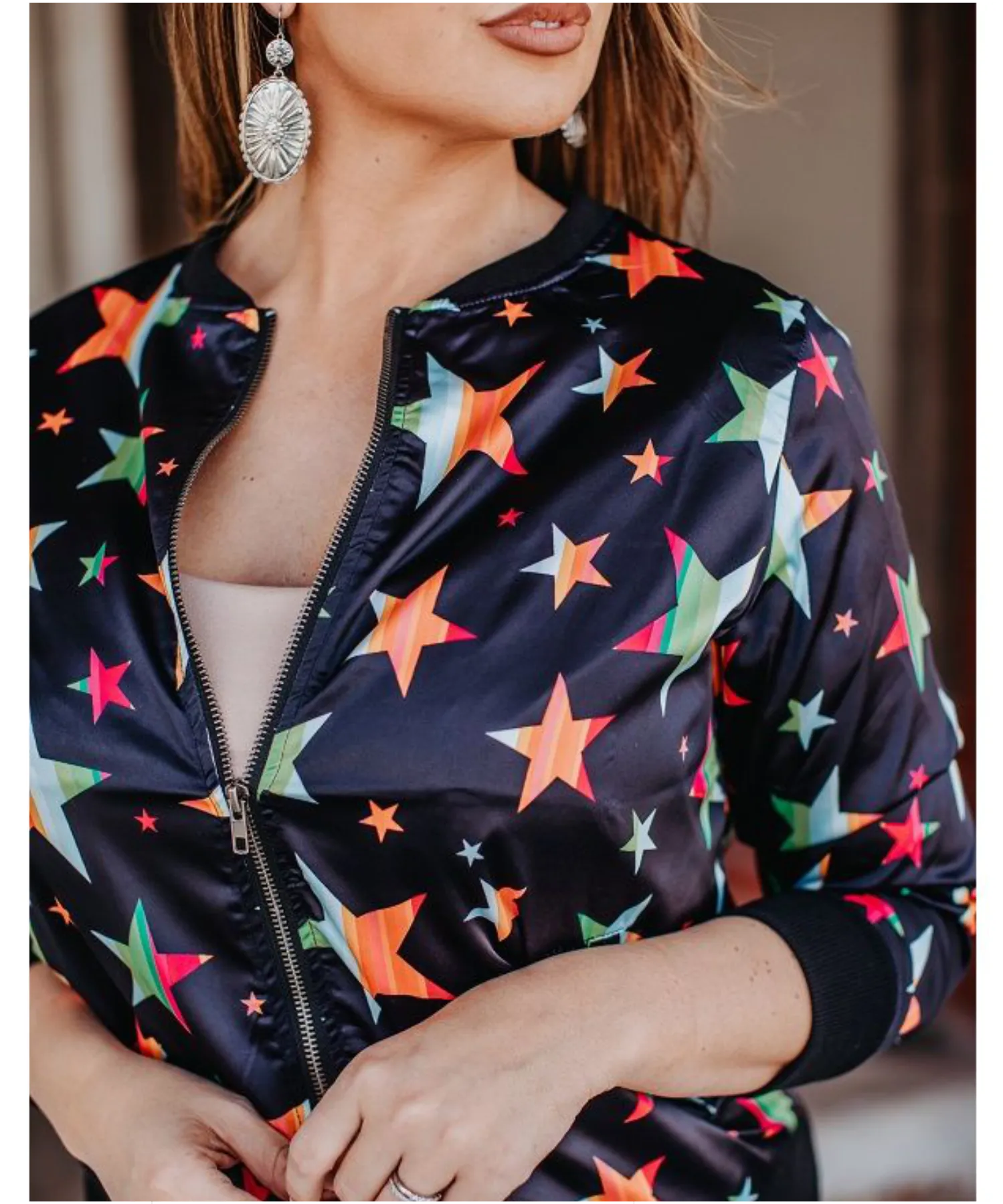 Coral & Black Serape Stars Printed Bomber Jacket