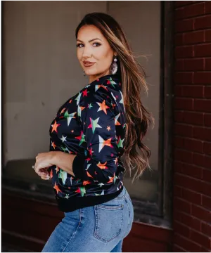 Coral & Black Serape Stars Printed Bomber Jacket