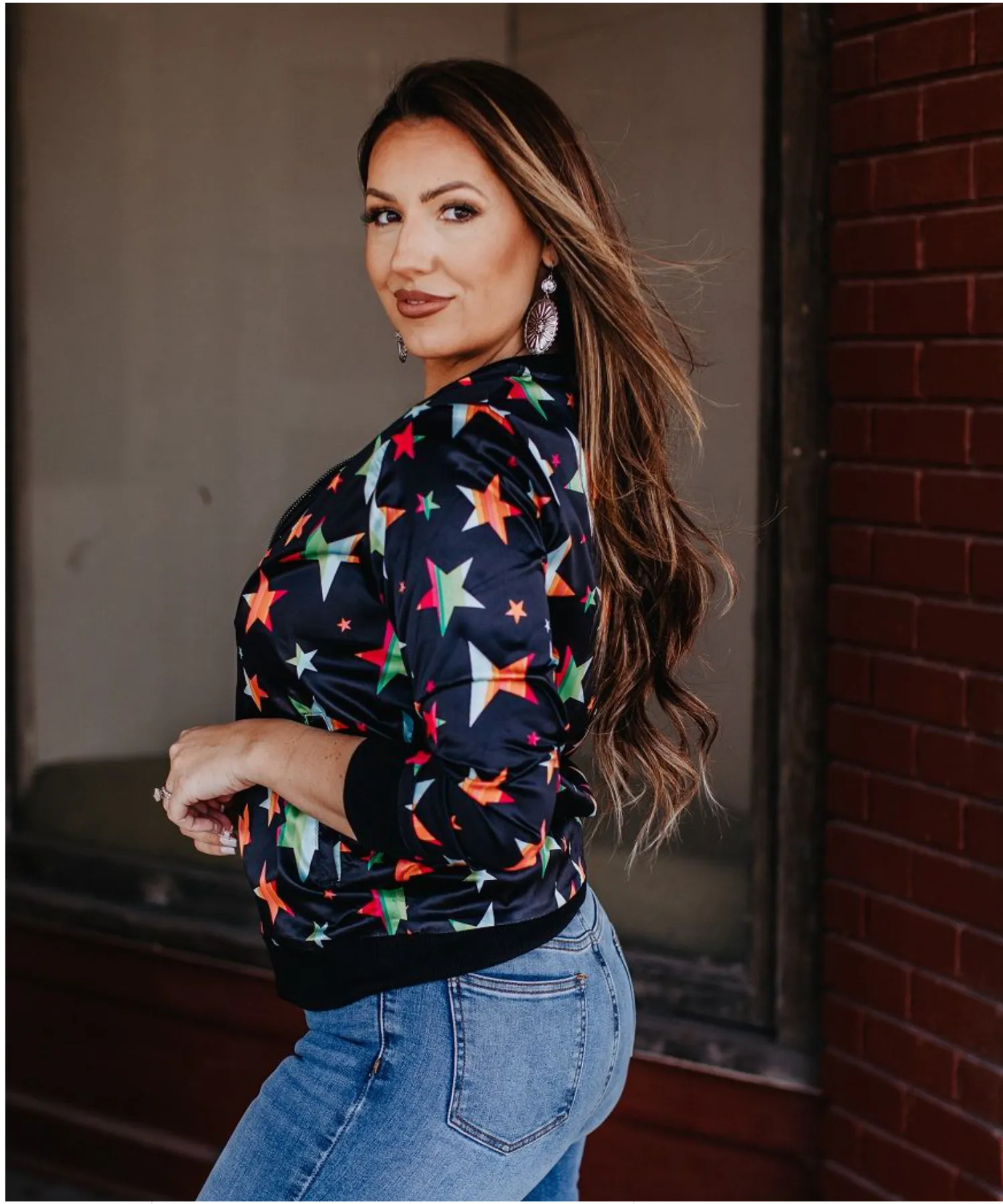 Coral & Black Serape Stars Printed Bomber Jacket