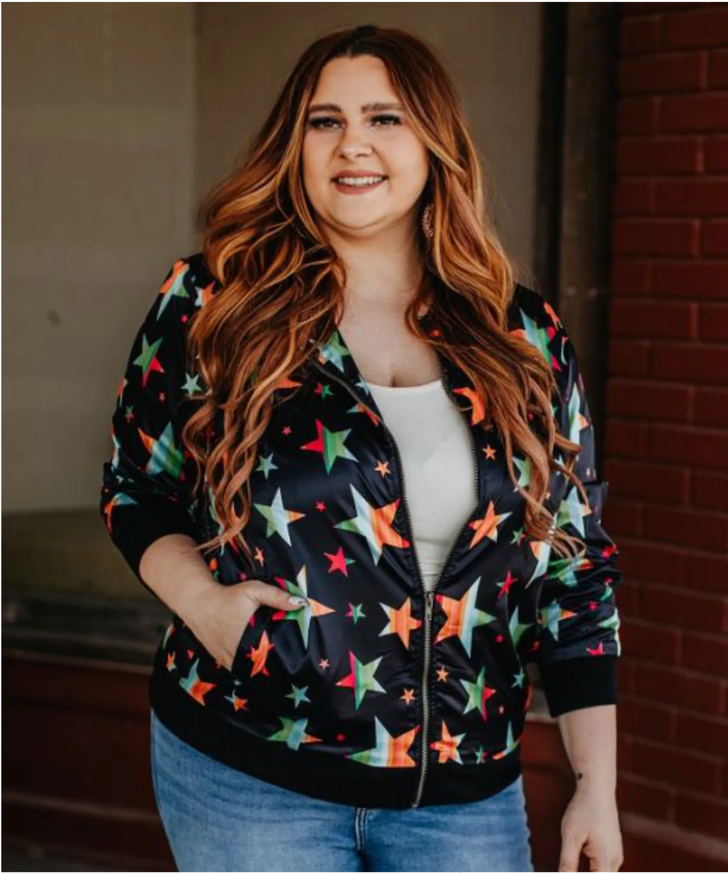 Coral & Black Serape Stars Printed Bomber Jacket