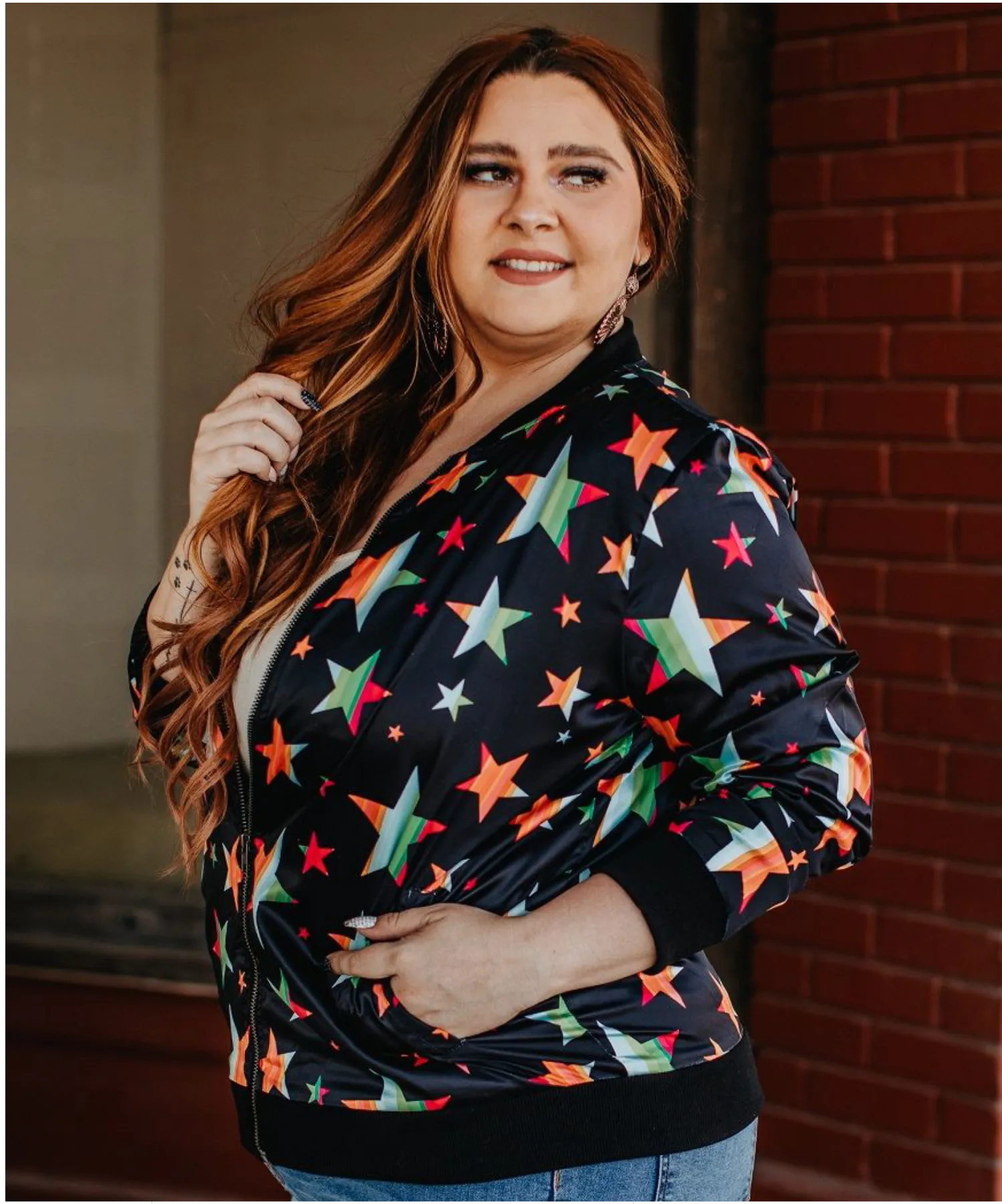 Coral & Black Serape Stars Printed Bomber Jacket